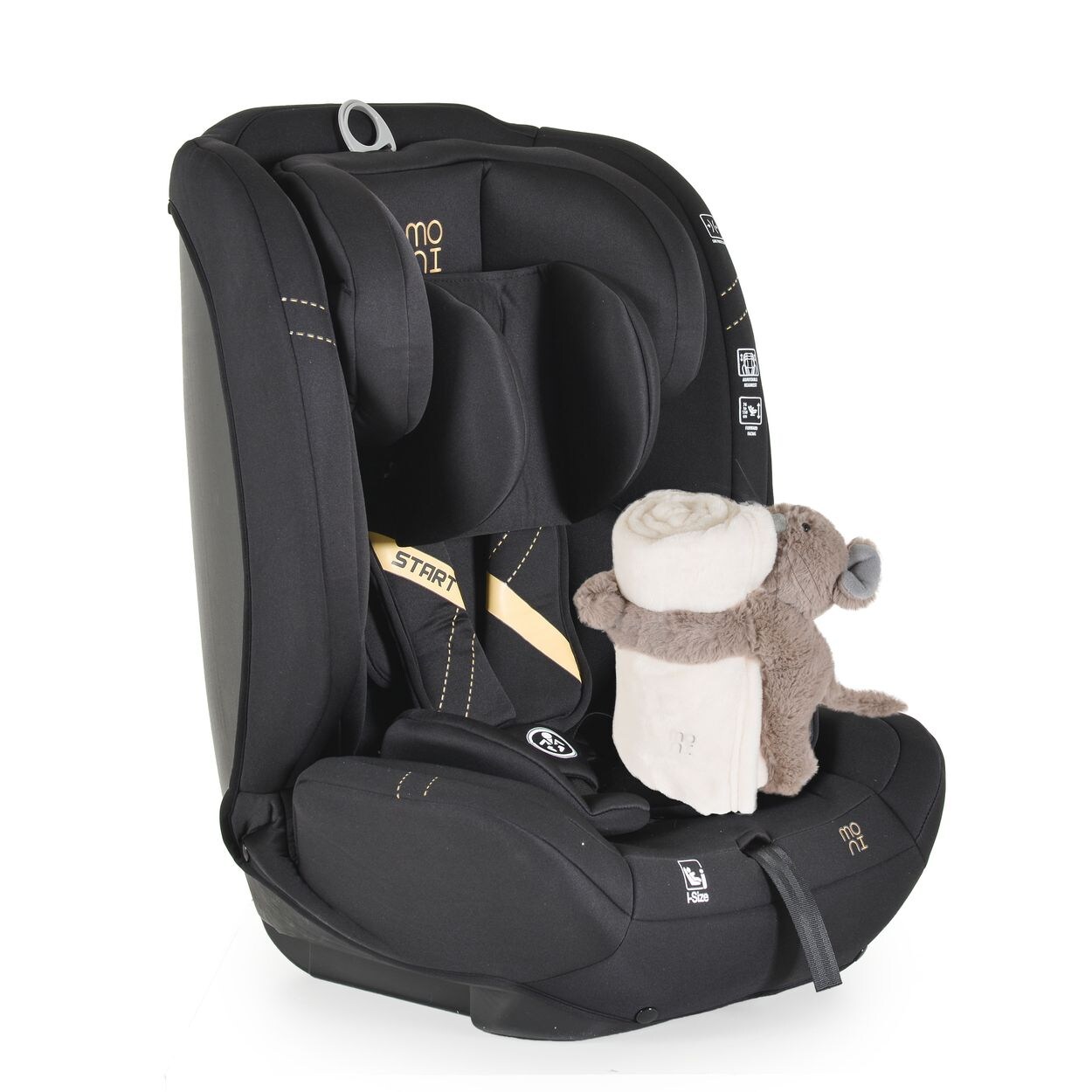 Moni Kindersitz i-Size Start (76-150cm) Kopfstütze verstellbar, Kuscheltier schwarz