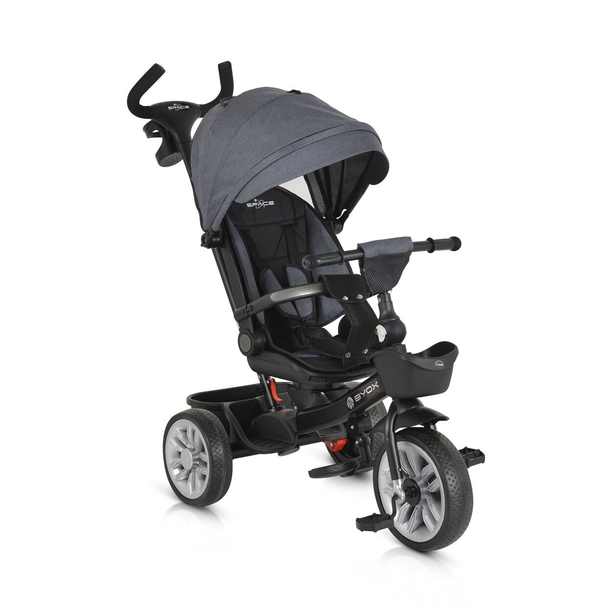 Byox Tricycle Space 3 in 1 Dreirad Getränkehalter, Korb, Schiebegriff, EVA-Räder grau