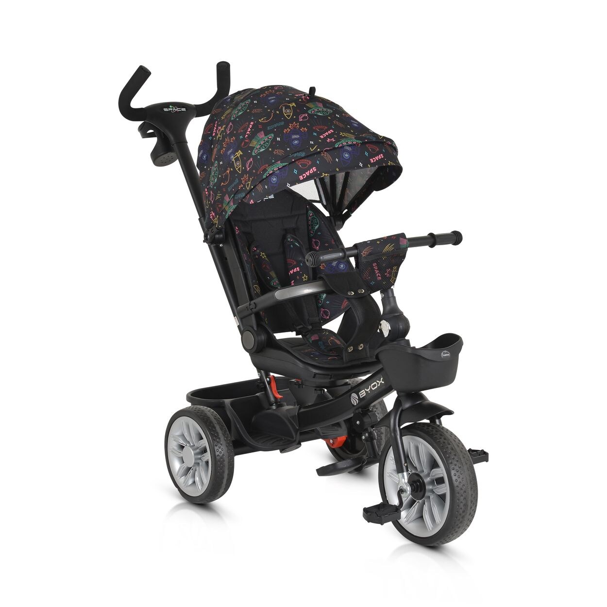 Byox Tricycle Space 3 in 1 Dreirad Getränkehalter, Korb, Schiebegriff, EVA-Räder bunt