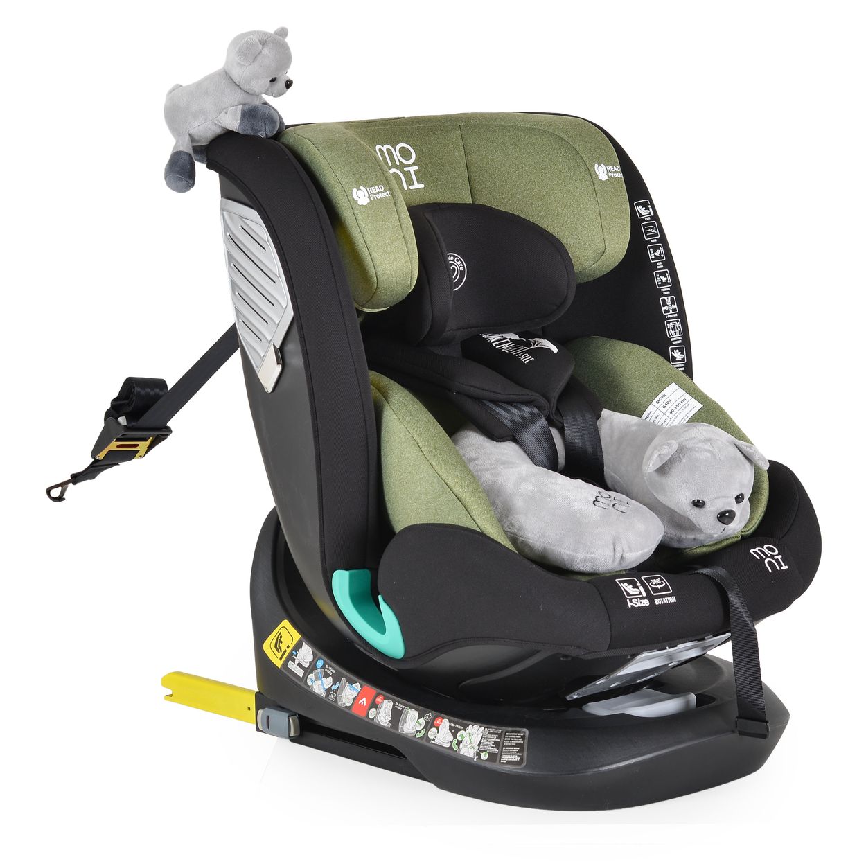 Moni Kindersitz Serengeti i-Size (40-150cm) Isofix, Kuscheltier, Nackenkissen gr&uuml;n - Bild 1
