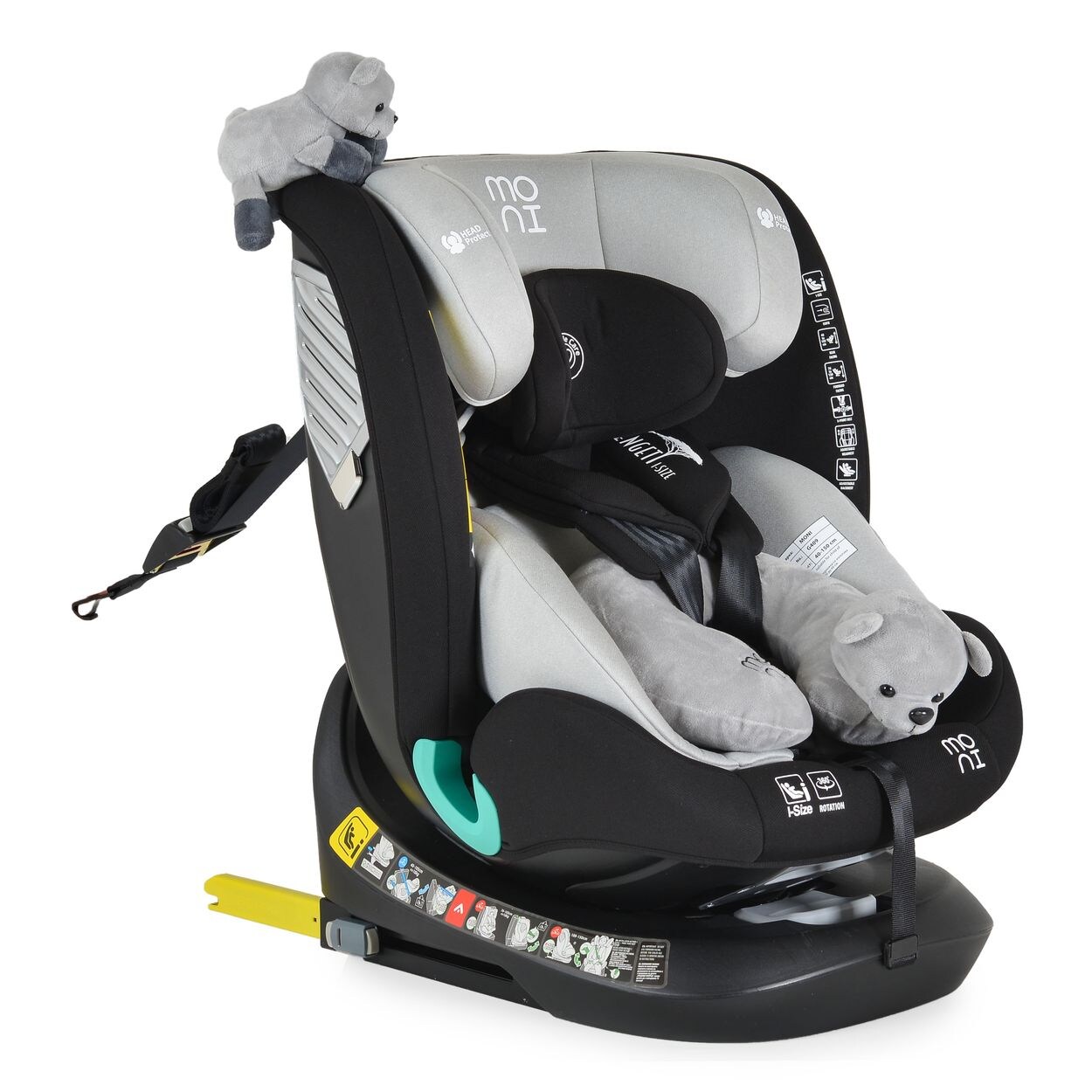 Moni Kindersitz Serengeti i-Size (40-150cm) Isofix, Kuscheltier, Nackenkissen grau