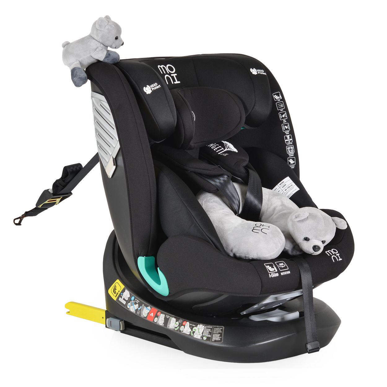 Moni Kindersitz Serengeti i-Size (40-150cm) Isofix, Kuscheltier, Nackenkissen schwarz - Bild 1