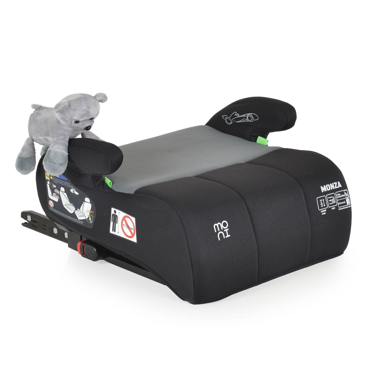 Moni Kindersitz, Sitzerhöhung Monza i-Size (125-150cm) Gruppe 3, Kuscheltier grau