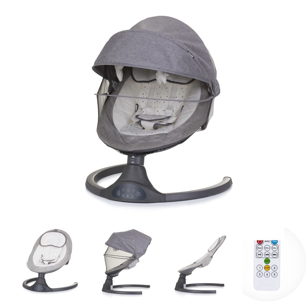 Chipolino Babywippe Brida, Fernbedienung Moskitonetz, Kissen, Plüschtiere, Timer grau | 03800931058906