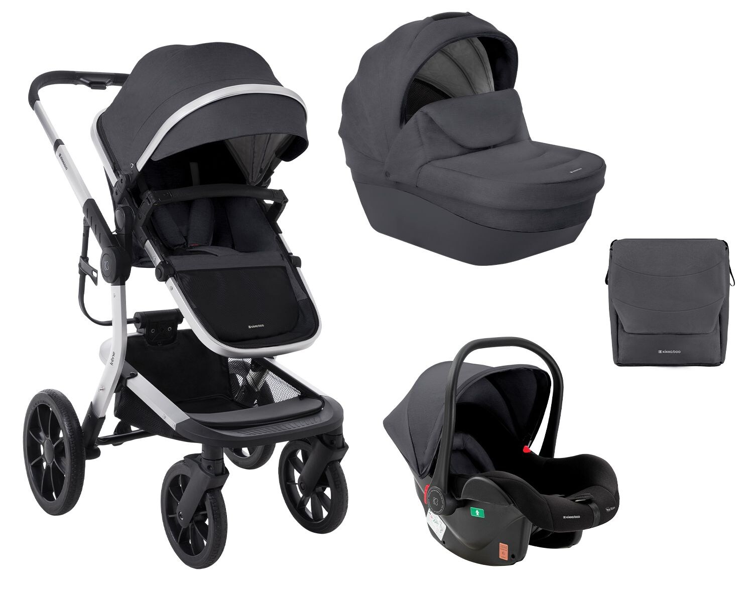Kikkaboo Kombikinderwagen Irene 3 in 1 Babywanne Autositz Adapter Wickeltasche dunkelgrau