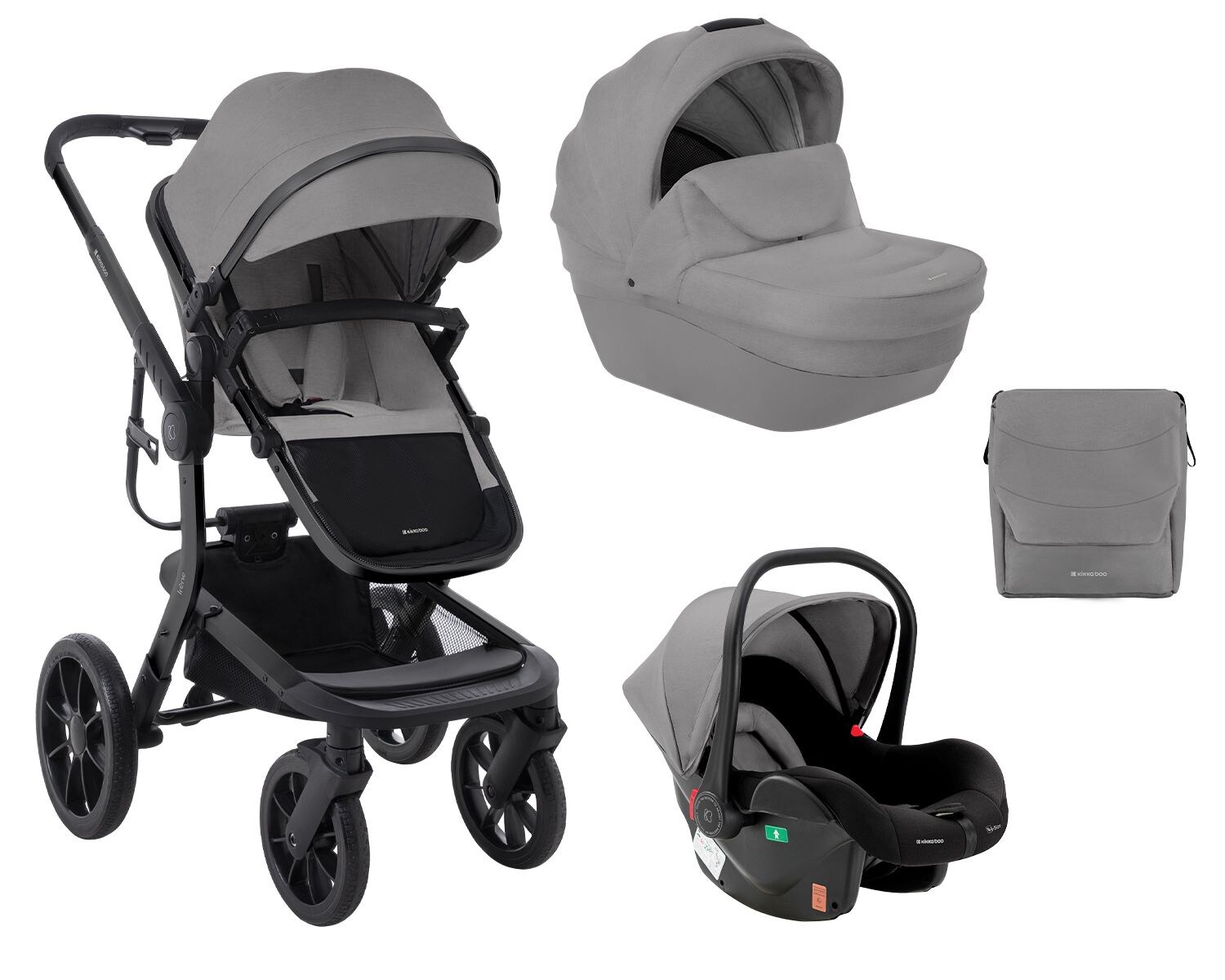Kikkaboo Kombikinderwagen Irene 3 in 1 Babywanne Autositz Adapter Wickeltasche grau/schwarz