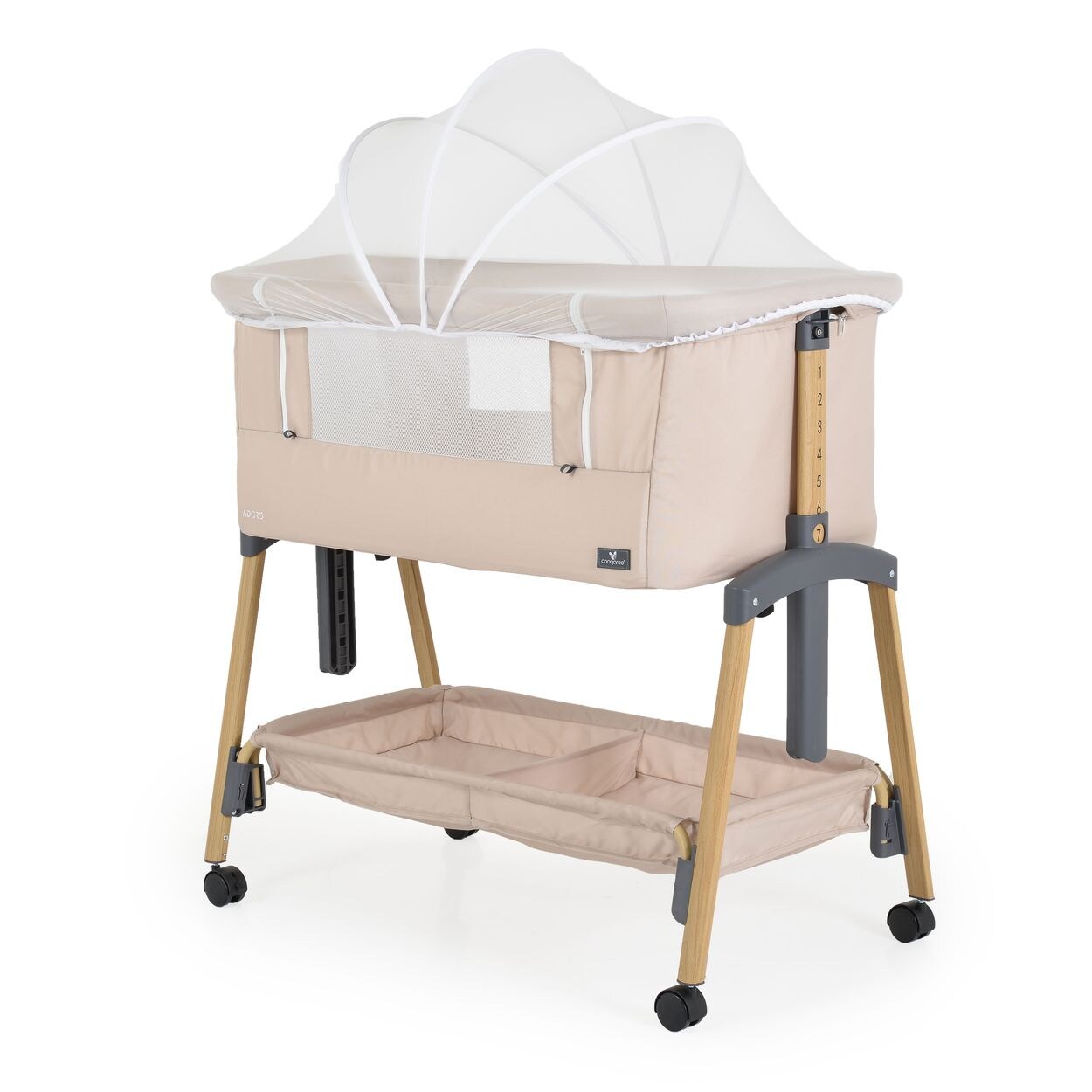 Cangaroo Babybett, Beistellbett Adoro, verstellbar, Matratze, Moskitonetz, Räder beige