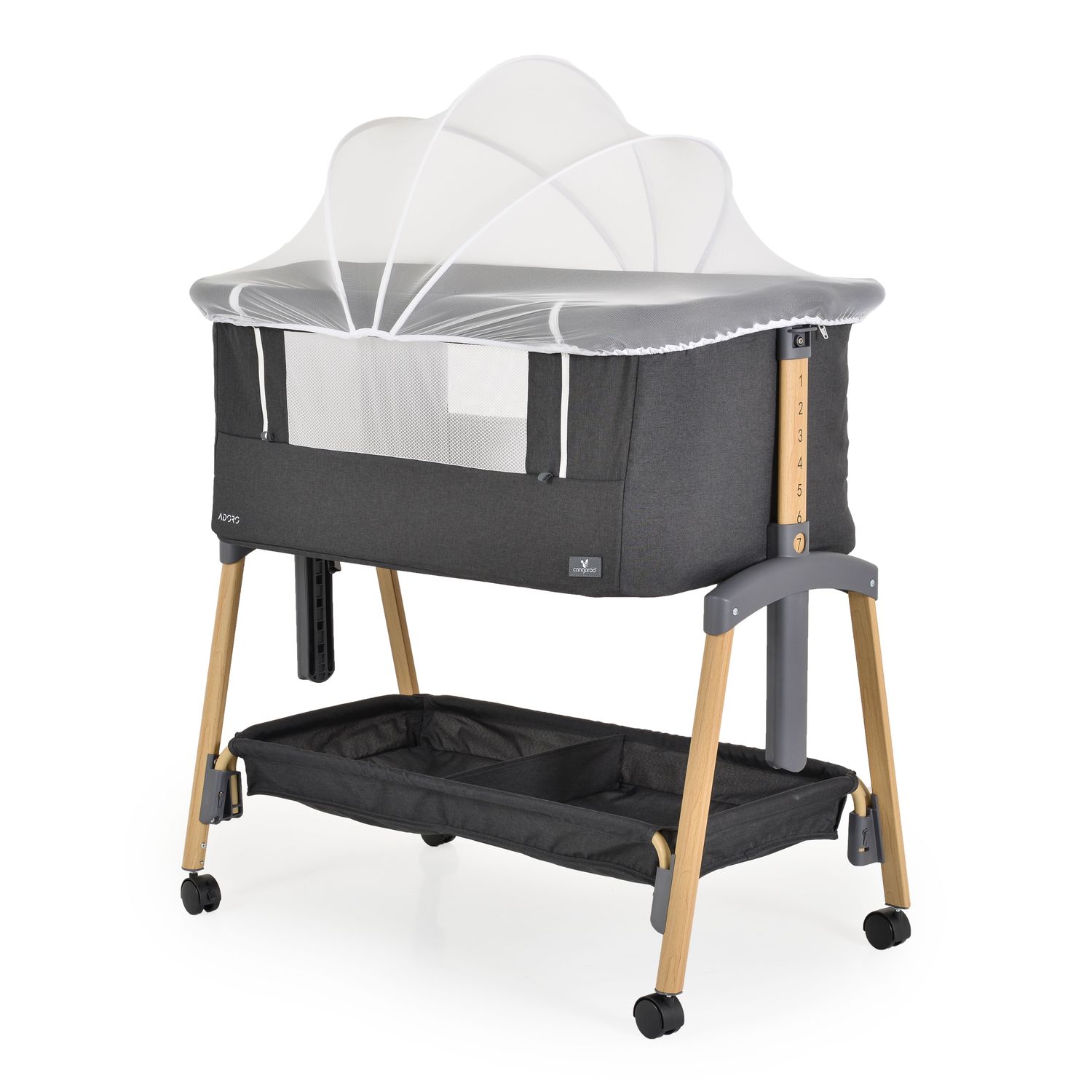 Cangaroo Babybett, Beistellbett Adoro, verstellbar, Matratze, Moskitonetz, R&auml;der schwarz - Bild 1