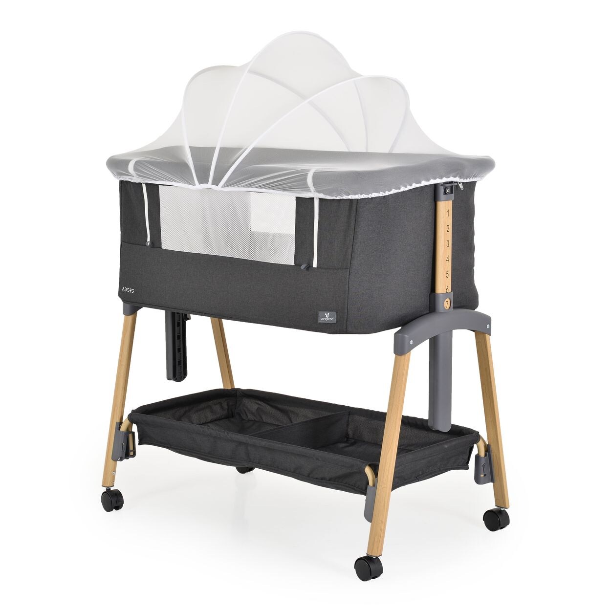 Cangaroo Babybett, Beistellbett Adoro, verstellbar, Matratze, Moskitonetz, Räder schwarz