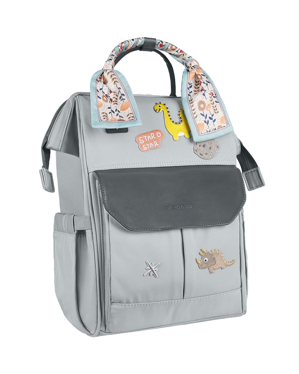 Kikkaboo Wickeltasche Myla Rucksack Tr&auml;ger einstellbar abnehmbare Abzeichen Dino grau - Bild 1