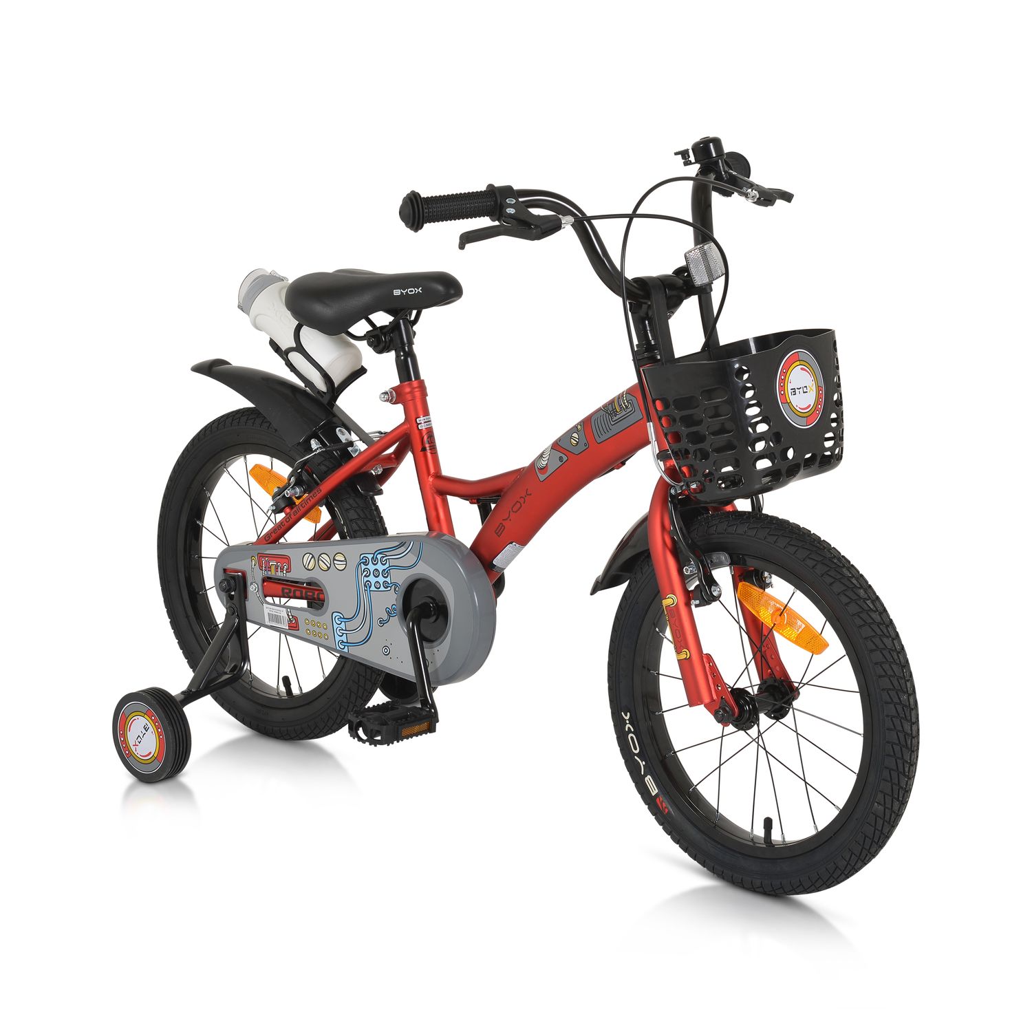 Byox Kinderfahrrad Robo 16 Zoll St&uuml;tzr&auml;der, Flasche, Klingel, Korb, Metallrahmen rot - Bild 1