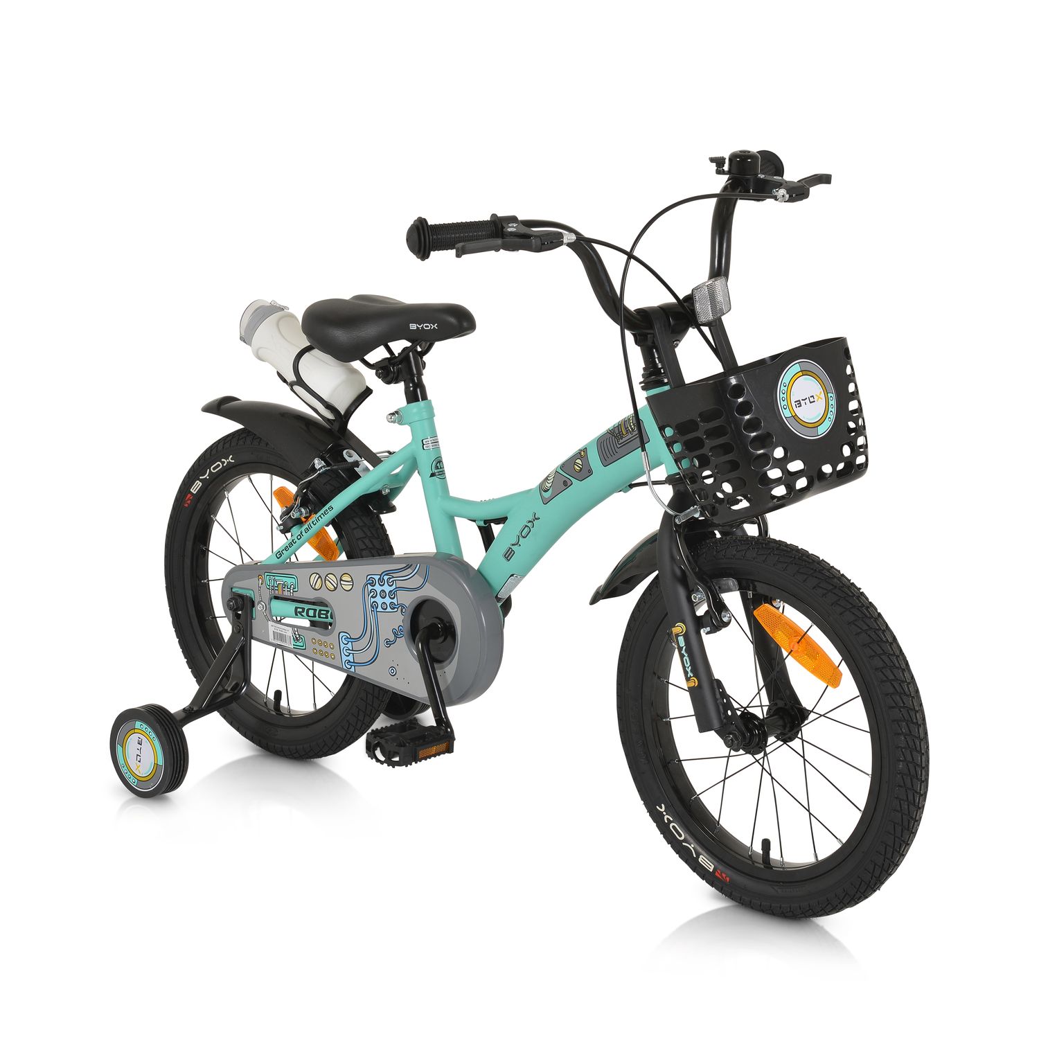 Byox Kinderfahrrad Robo 16 Zoll St&uuml;tzr&auml;der, Flasche, Klingel, Korb, Metallrahmen gr&uuml;n - Bild 1
