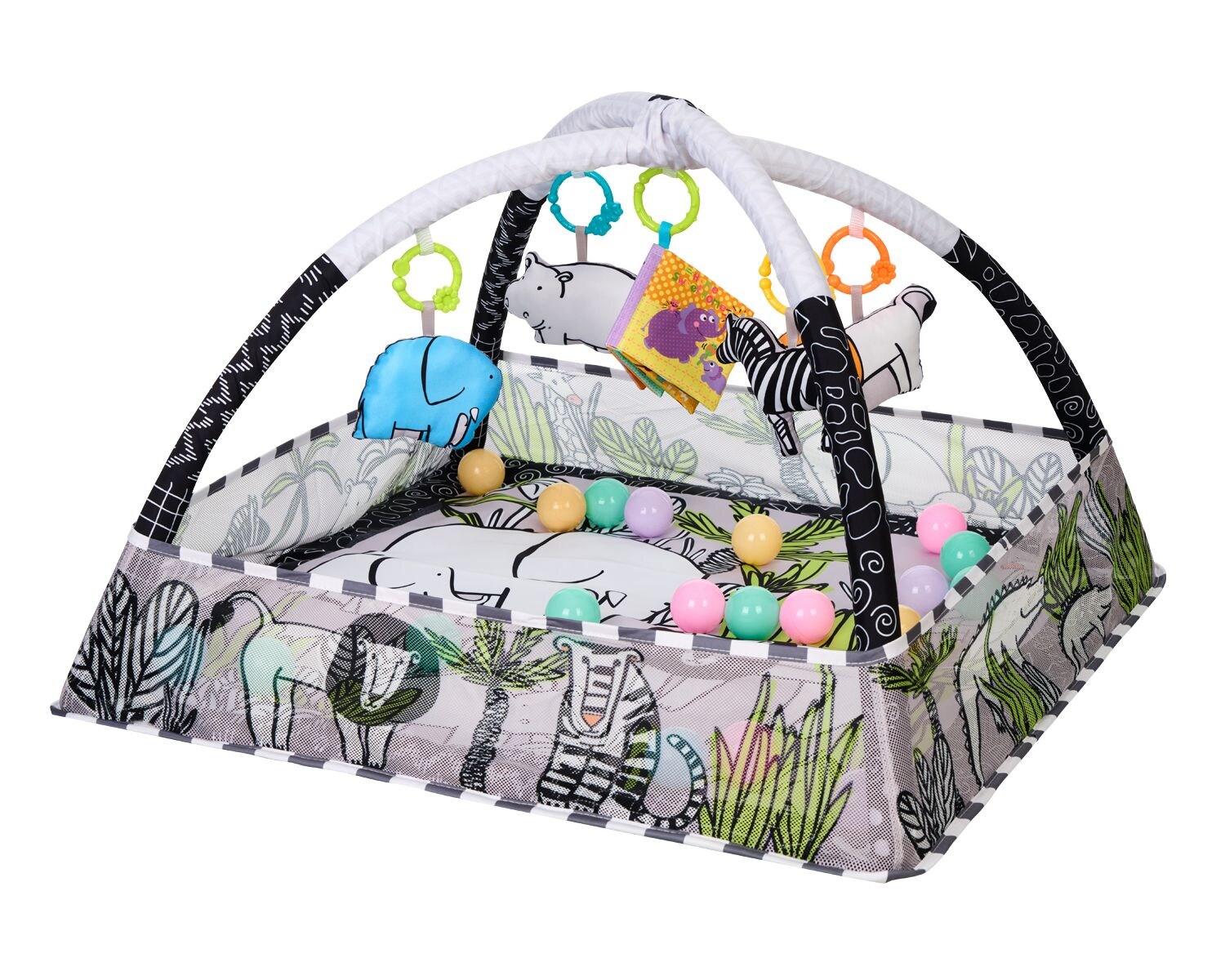 Kikkaboo Spielbogen, Krabbeldecke 2 in 1, Greiflinge, 18 Spielbälle, Bällebad grau