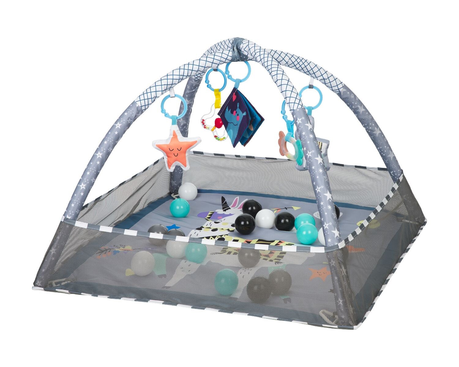 Kikkaboo Spielbogen, Krabbeldecke 2 in 1, Greiflinge, 18 Spielbälle, Bällebad hellblau
