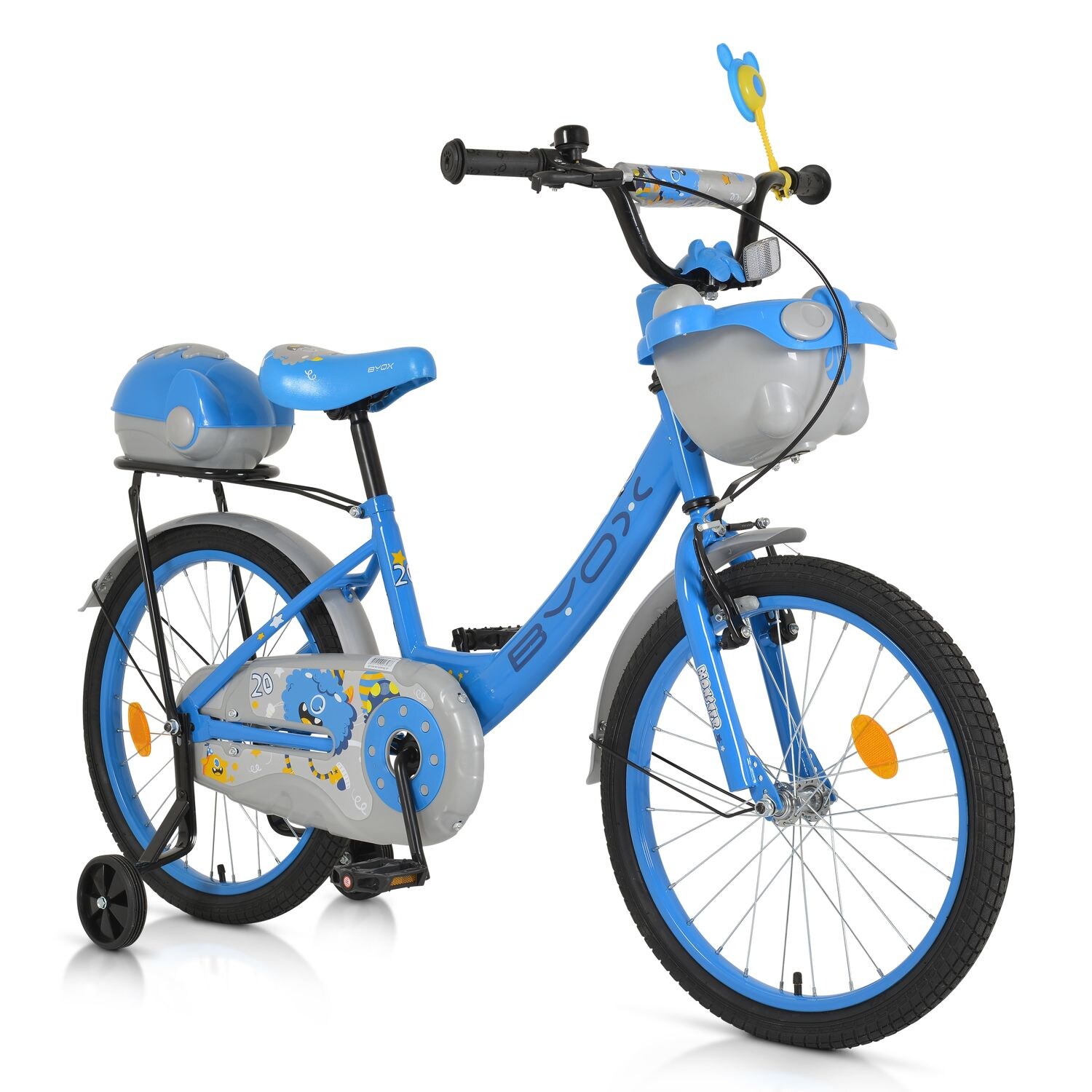 Byox Kinderfahrrad 20 Zoll 2002, Stützräder, Klingel, Höhe einstellbar, Körbe blau | 03800146203078