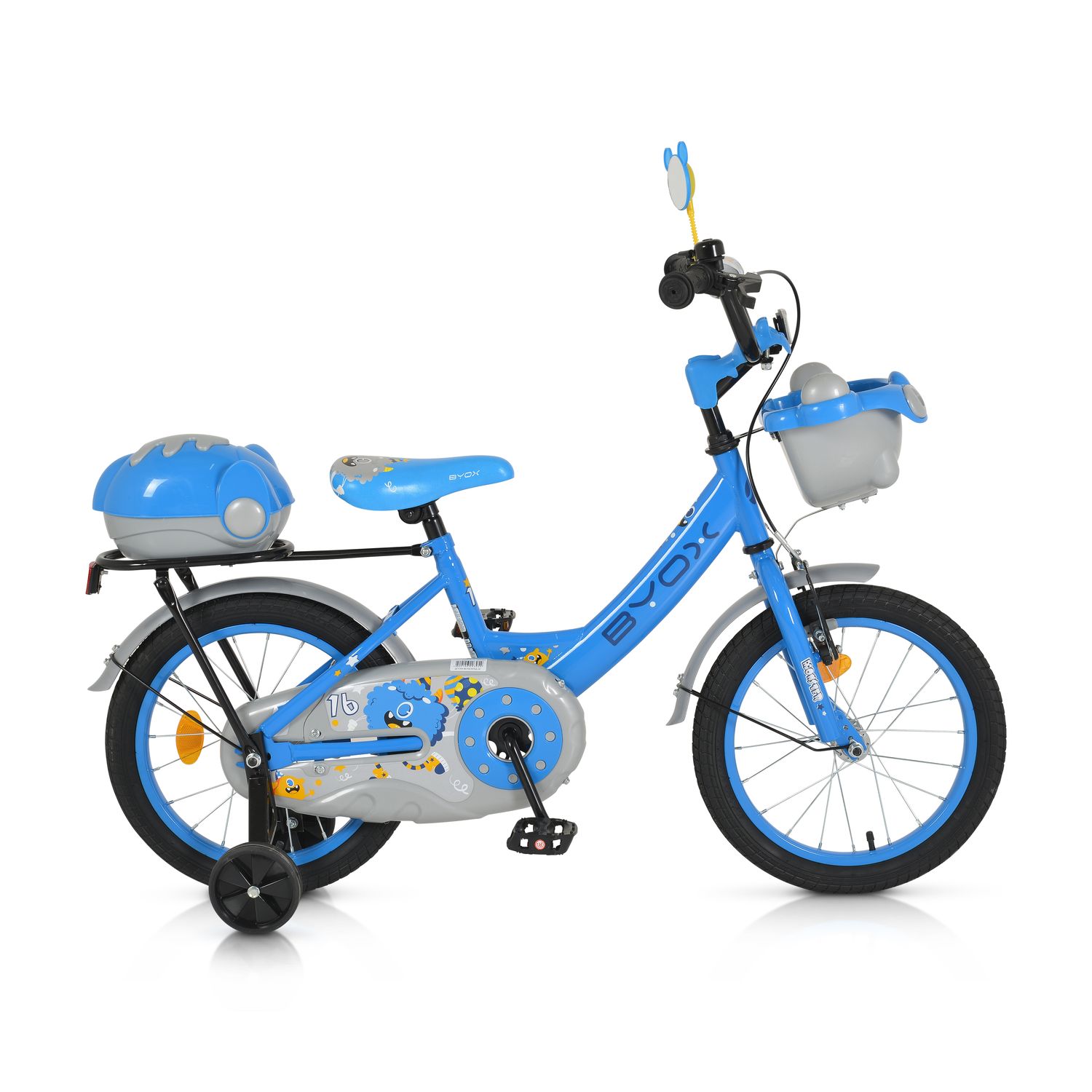Byox Kinderfahrrad 16 Zoll 1602, St&uuml;tzr&auml;der, h&ouml;henverstellbar, Klingel, K&ouml;rbe blau - Bild 1