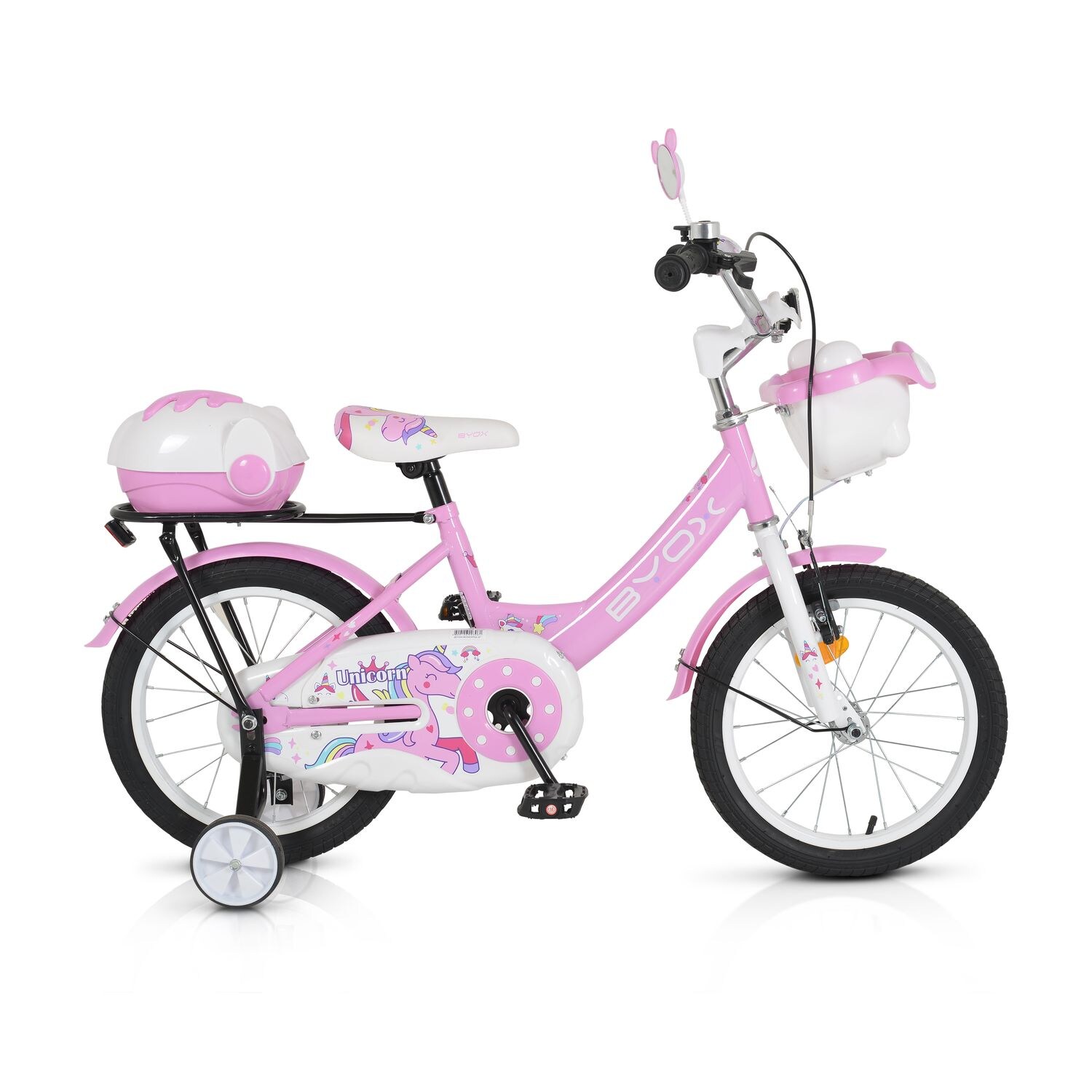 Byox Kinderfahrrad 16 Zoll 1602, Stützräder, höhenverstellbar, Klingel, Körbe rosa | 03800146203061