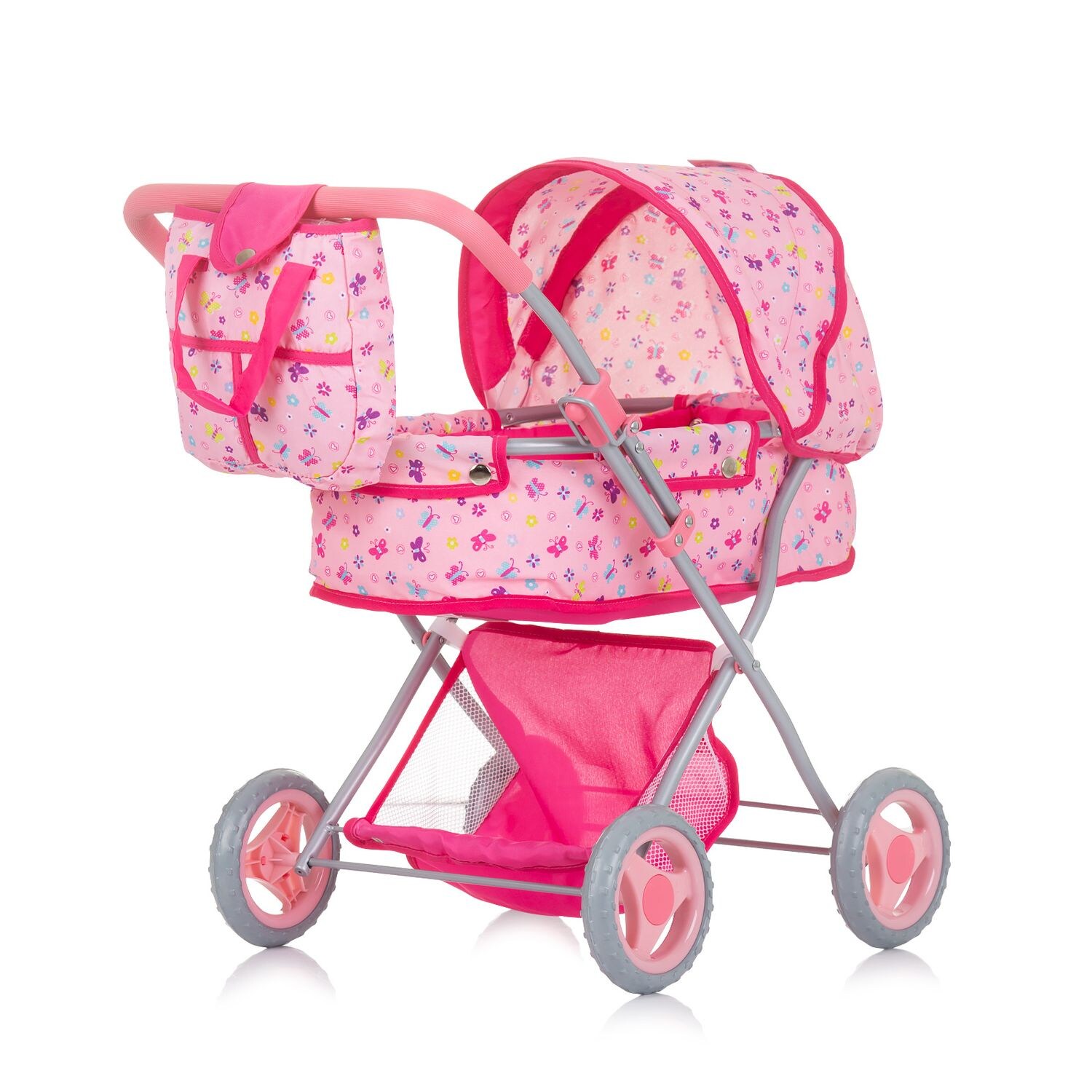 Chipolino Puppenwagen Dora Tasche, klappbar, Softtragetasche, Korb, Sonnendach rosa Schmetterlinge | 03800931060565