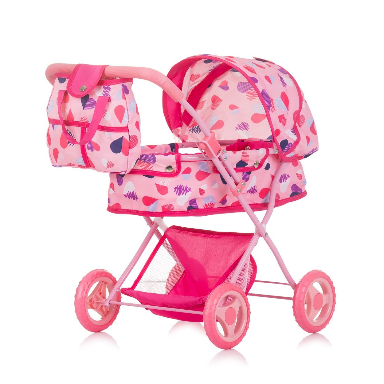 Chipolino Puppenwagen Dora Tasche, klappbar, Softtragetasche, Korb, Sonnendach pink