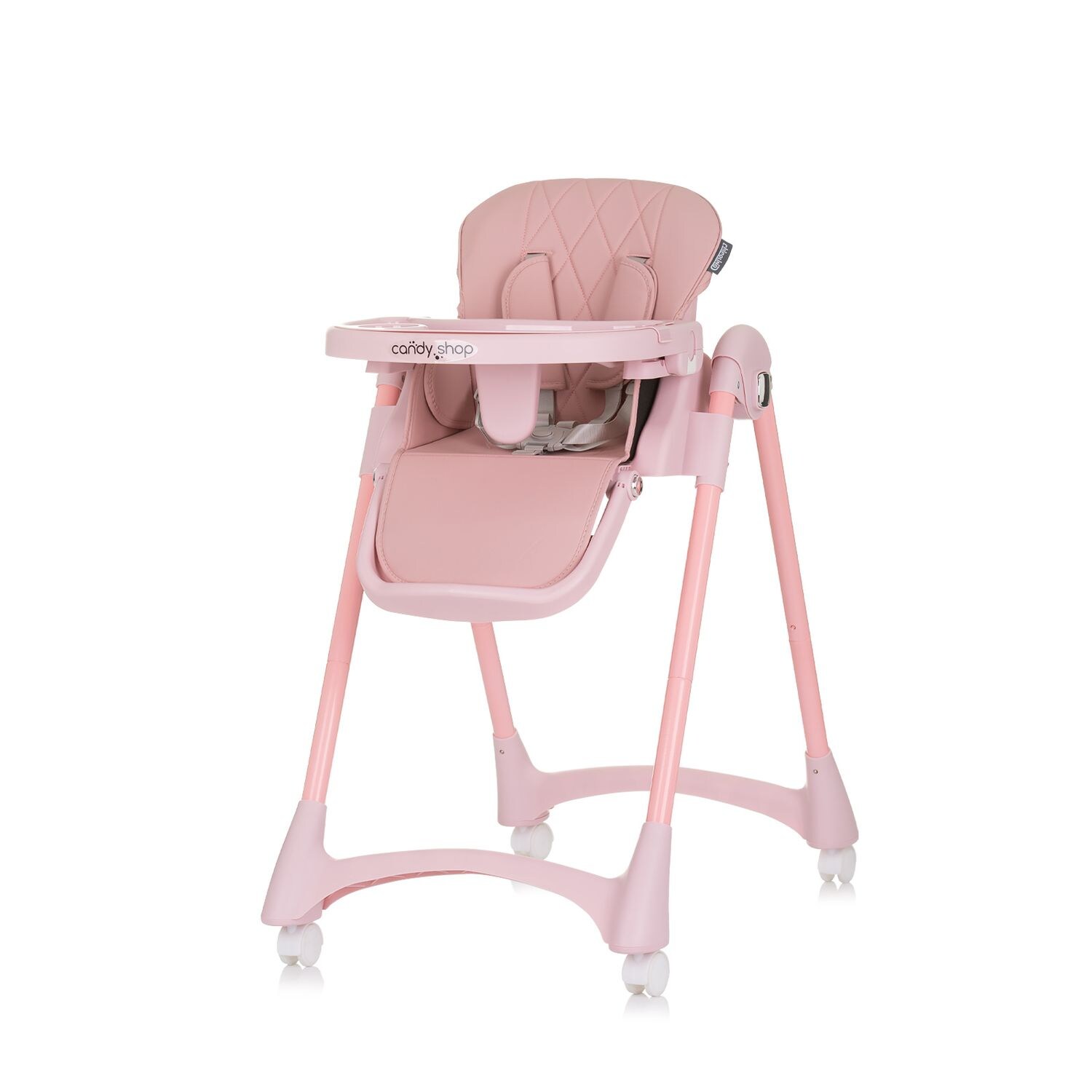 Chipolino Kinderhochstuhl Candy Shop, 4 Räder, verstellbar, Fußstütze, faltbar rosa | 03800931061166