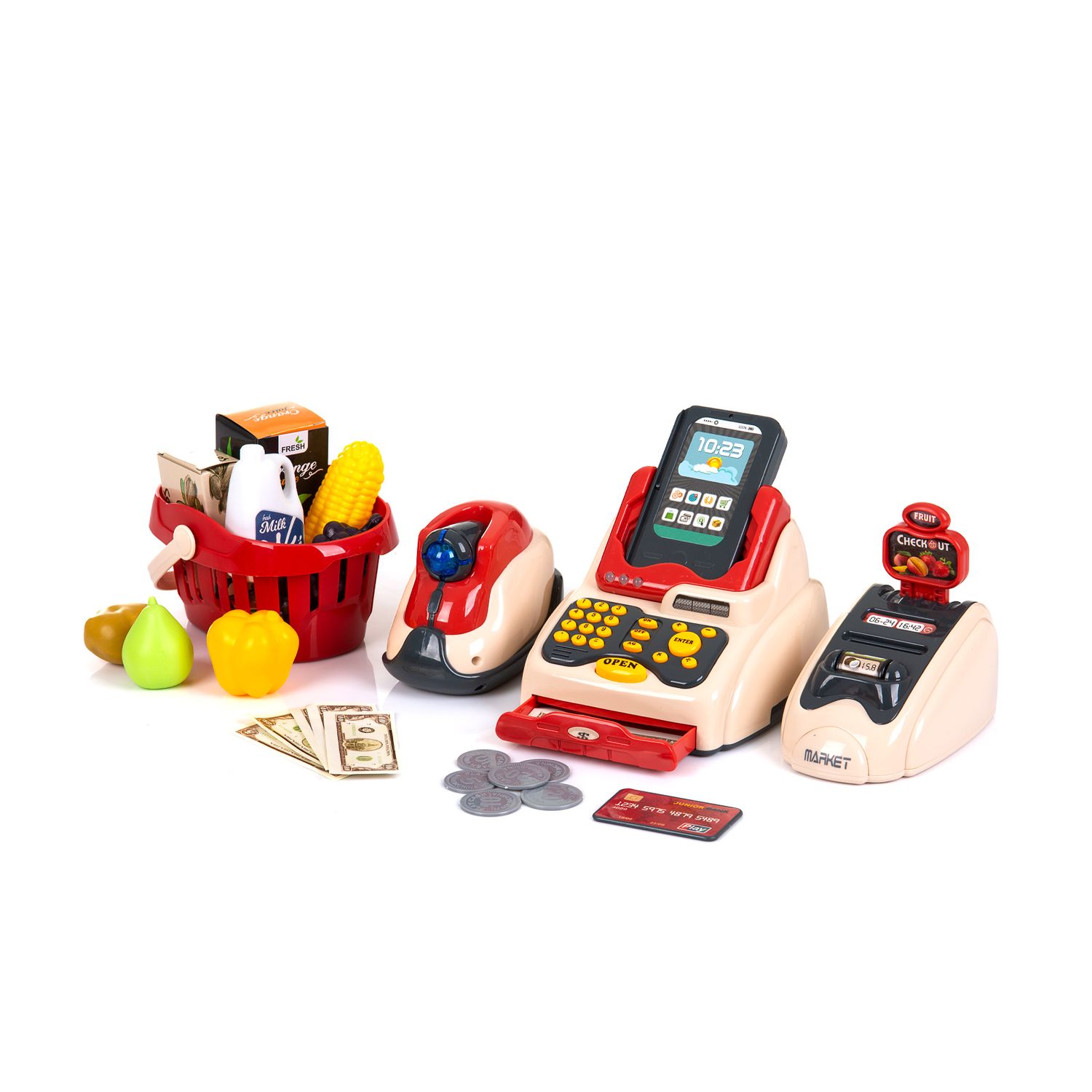 Chipolino Spielzeug Registrierkasse 24-teilig Scanner Kartenleser Obst Korb Geld rot - Bild 1