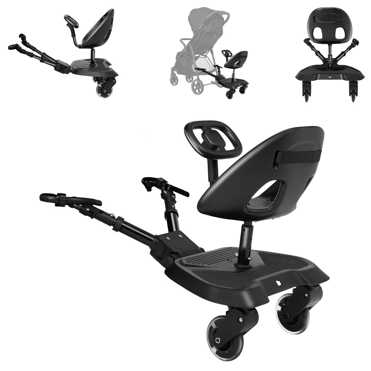 Kikkaboo Kinderwagen Trittbrett schwarz Ally mit Sitz universal, 2-Punkt-Gurt, Lenkrad | 03800171212397