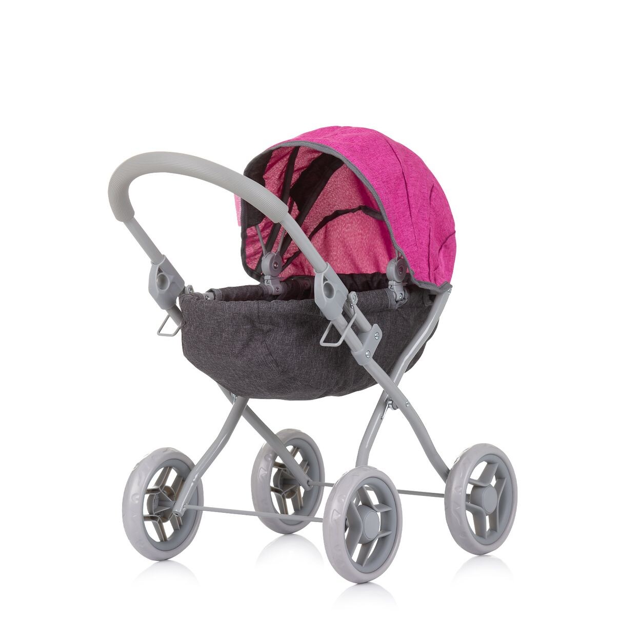 Chipolino Puppenwagen Daisy klappbar, Sonnendach, vier große Räder, ab 3 Jahren grau pink