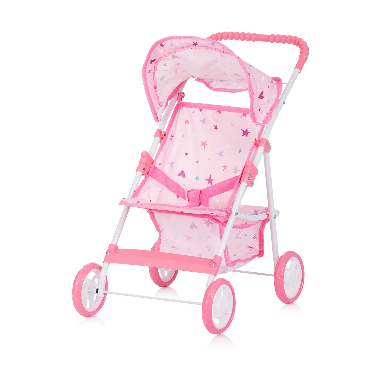 Chipolino Puppenwagen Alice Aufbewahrungskorb klappbar, Sonnendach verstellbar rosa sterne - Bild 1
