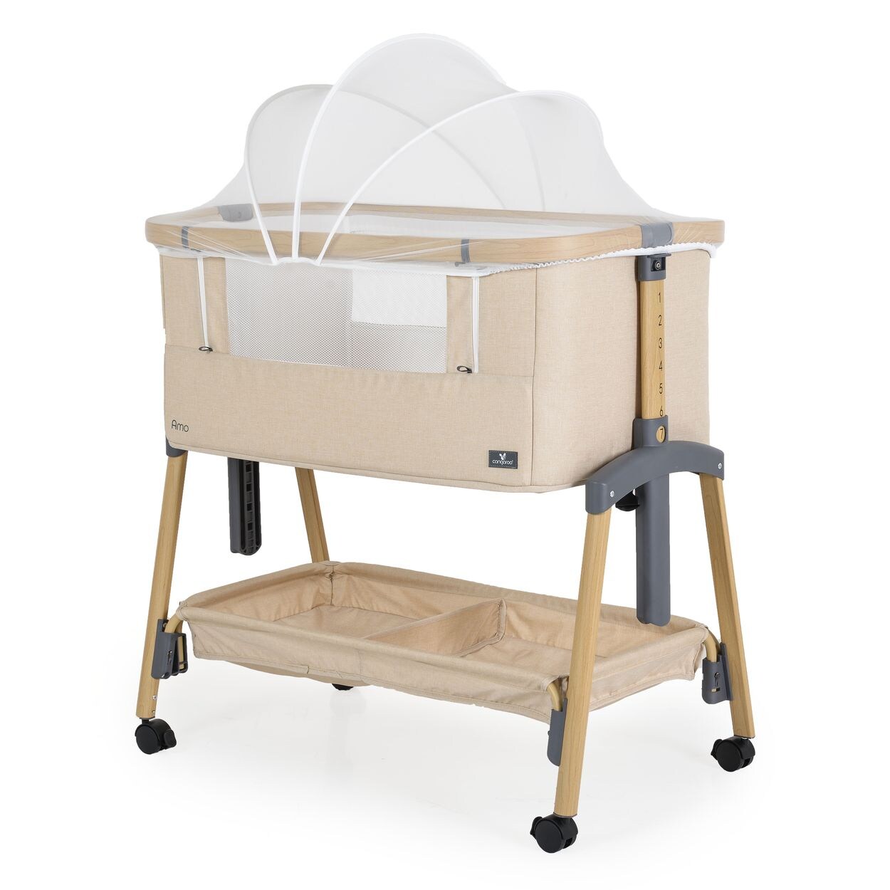 Cangaroo Beistellbett Amo höhenverstellbar, Moskitonetz, Rollen, Bremse Matratze beige