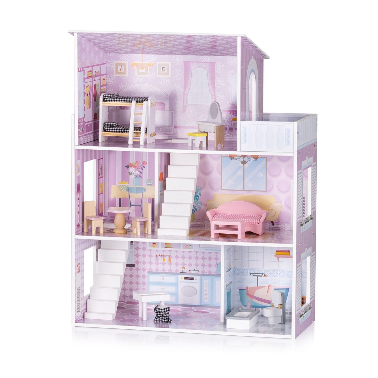 Chipolino Holz-Puppenhaus 12-teiliges Möbel-Set, Treppen, 3-Ebenen, ab 3 Jahren rosa | 03800931062170