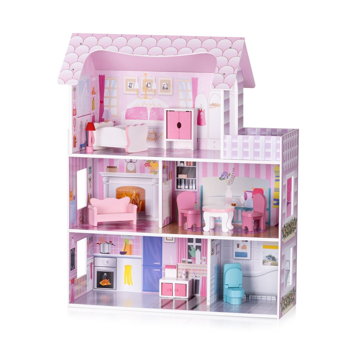 Chipolino Holz-Puppenhaus 9-teilig Badezimmer, 5 Räume, Balkon, Schlafzimmer rosa