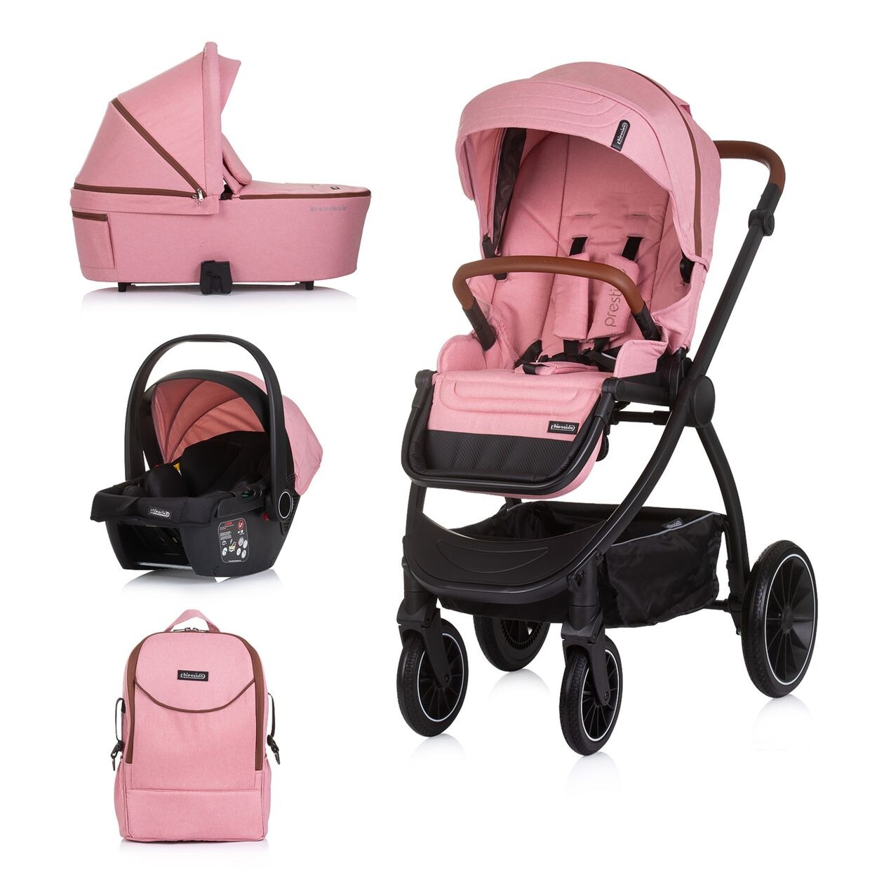 Chipolino Kombikinderwagen 3 in 1 Prestige Babywanne Rucksack i-Size Babyschale rosa | 03800931062781