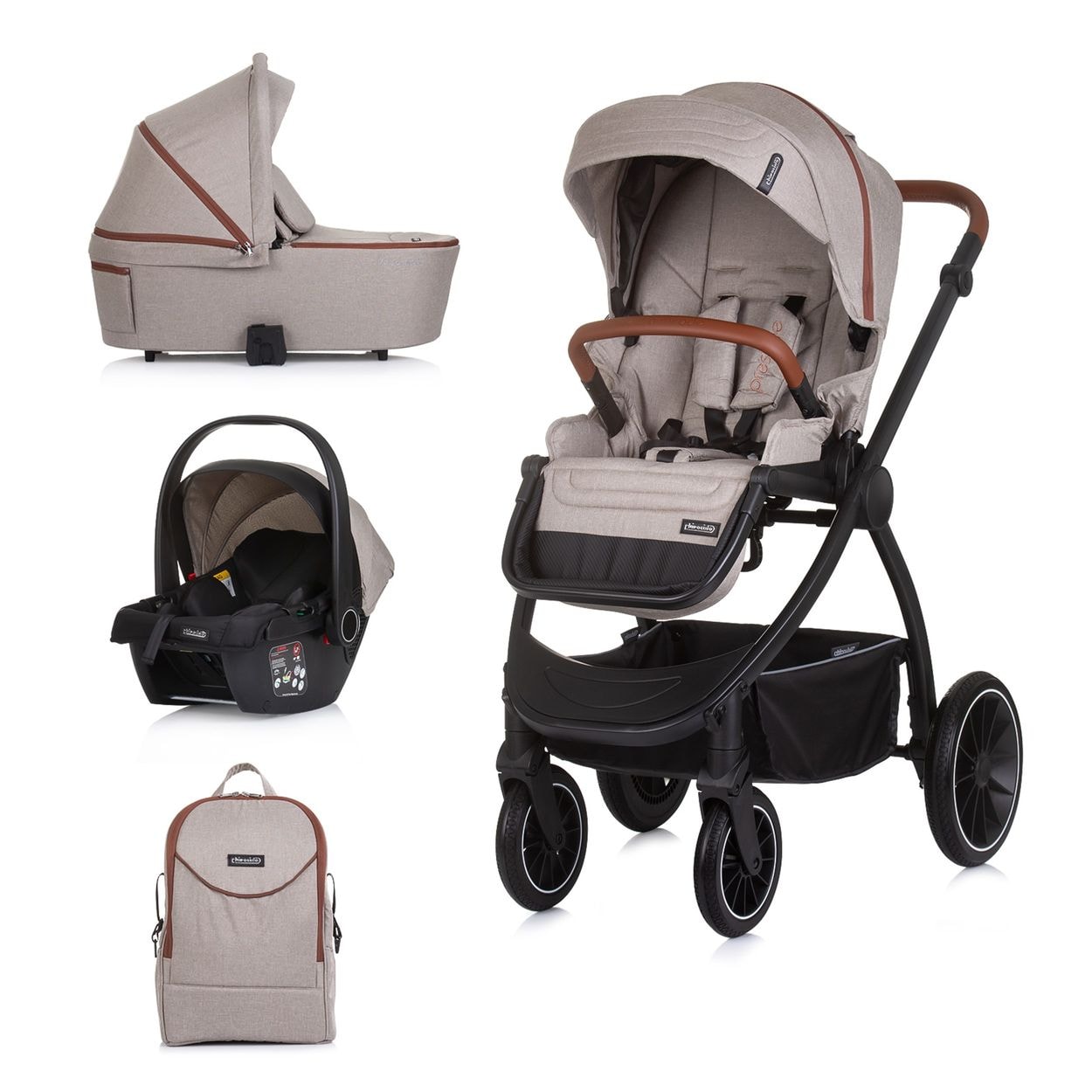 Chipolino Kombikinderwagen 3 in 1 Prestige Babywanne Rucksack i-Size Babyschale beige