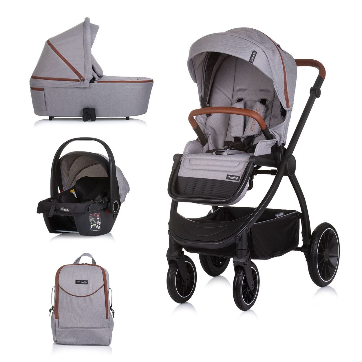 Chipolino Kombikinderwagen 3 in 1 Prestige Babywanne Rucksack i-Size Babyschale grau