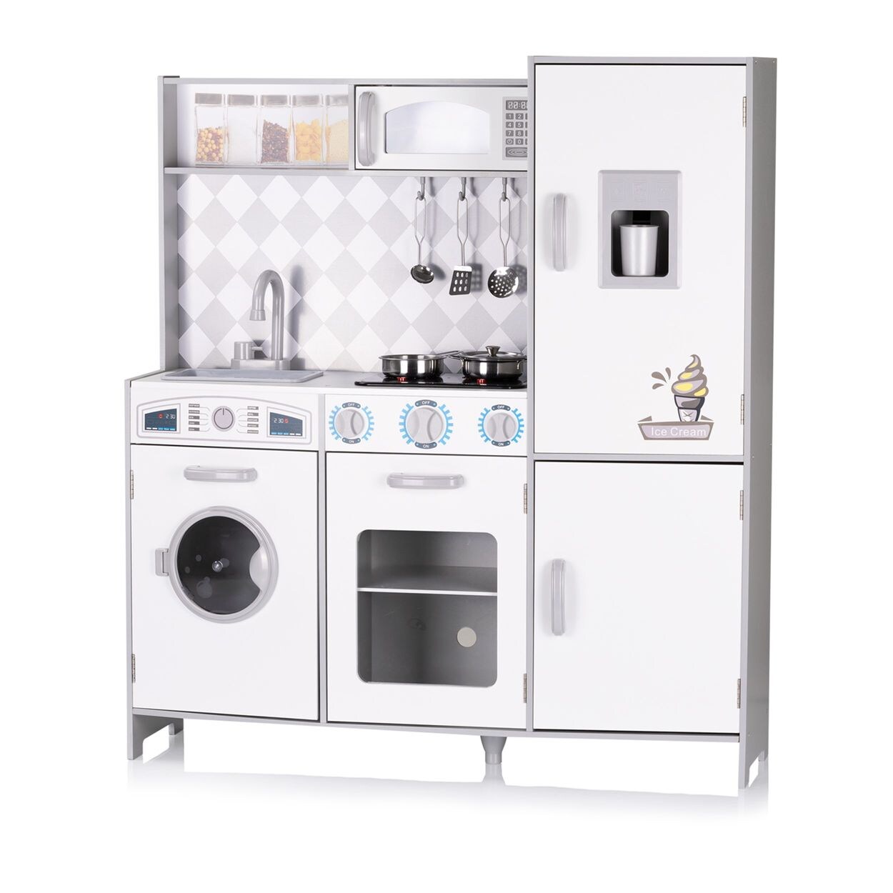 Chipolino Holz-Kinderküche 102 cm Spülmaschine, Licht, Musik, Töpfe, Eismaschine weiß