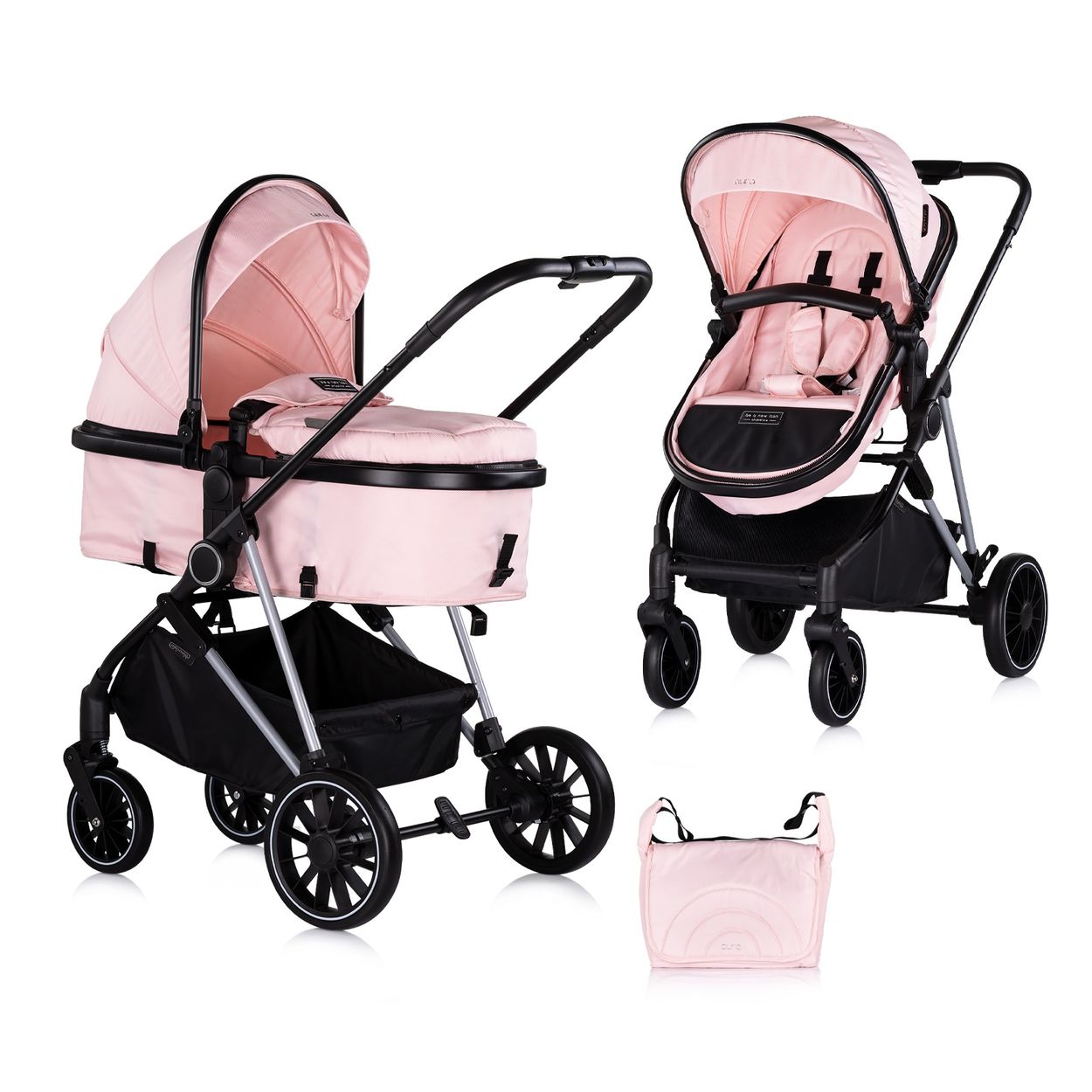 Chipolino Kinderwagen Aura 2 in 1 umbaubar Wickeltasche Sitz umkehrbar bis 22 kg pink - Bild 1