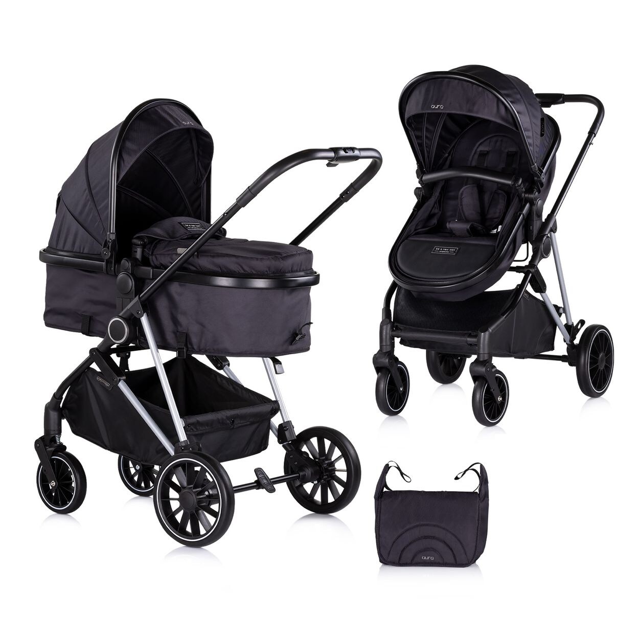 Chipolino Kinderwagen Aura 2 in 1 umbaubar Wickeltasche Sitz umkehrbar bis 22 kg schwarz gemustert