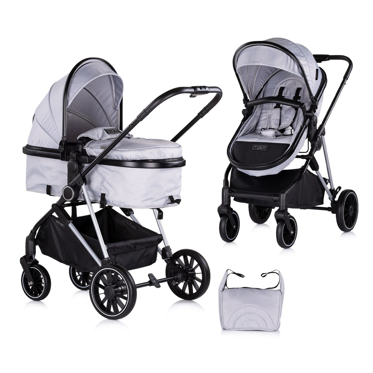 Chipolino Kinderwagen Aura 2 in 1 umbaubar Wickeltasche Sitz umkehrbar bis 22 kg grau gemustert - Bild 1