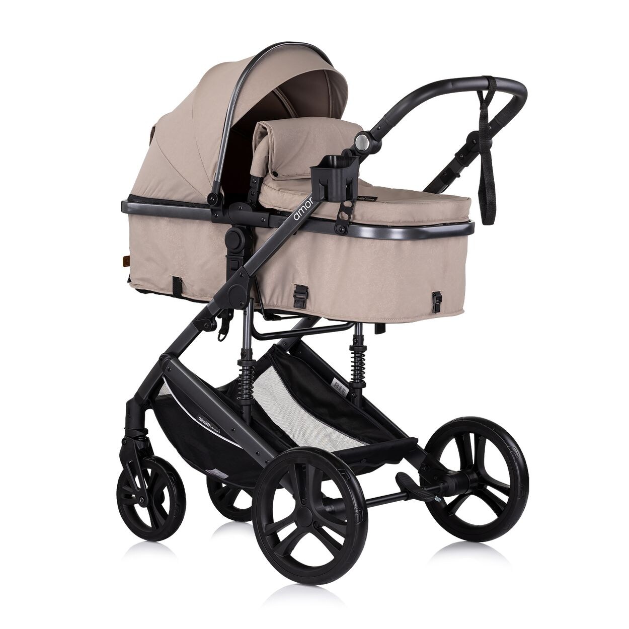 Chipolino Kinderwagen 2 in 1 Amore Getränkehalter Wickeltasche Fußabdeckung Korb hellbraun