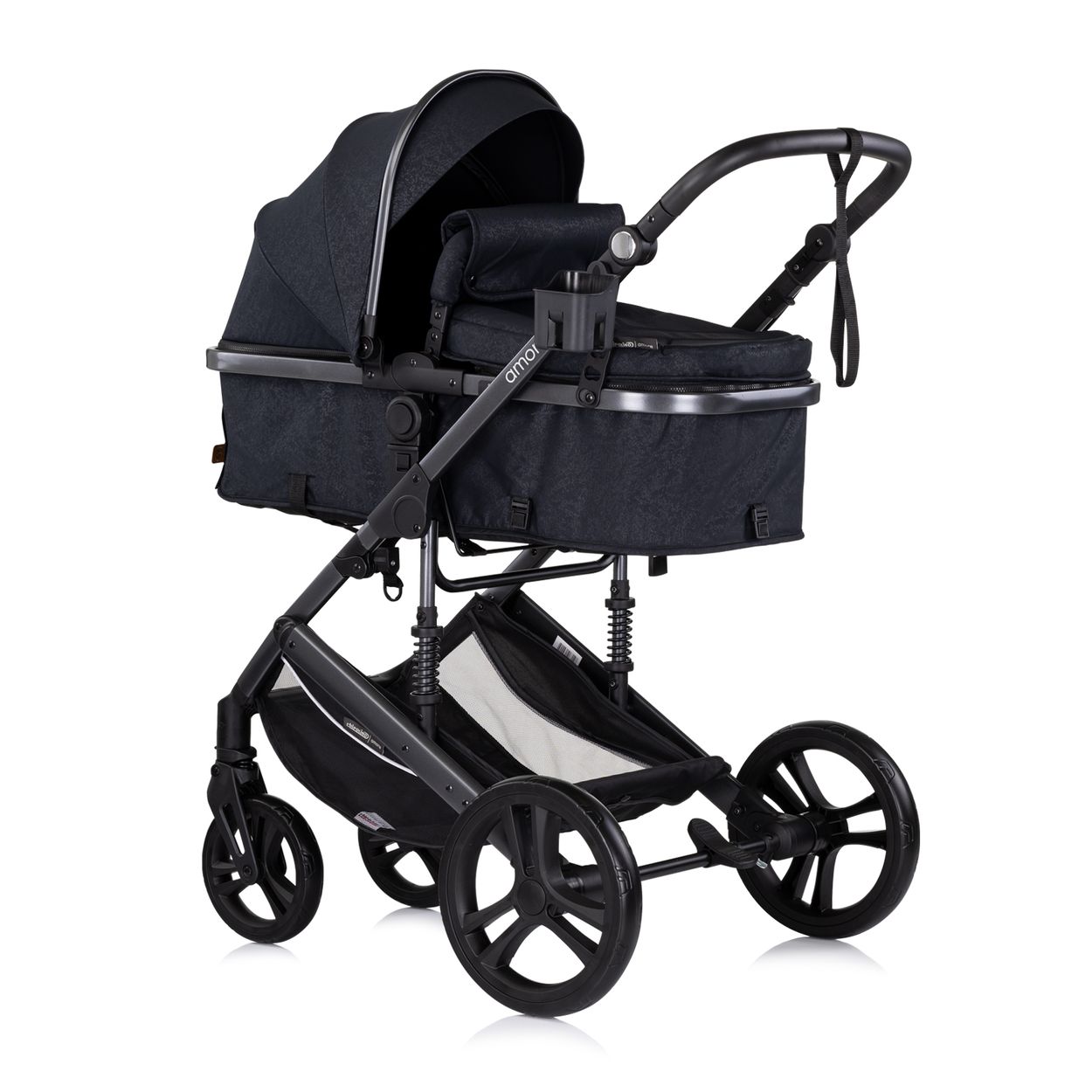 Chipolino Kinderwagen 2 in 1 Amore Getr&auml;nkehalter Wickeltasche Fu&szlig;abdeckung Korb schwarz gemustert - Bild 1