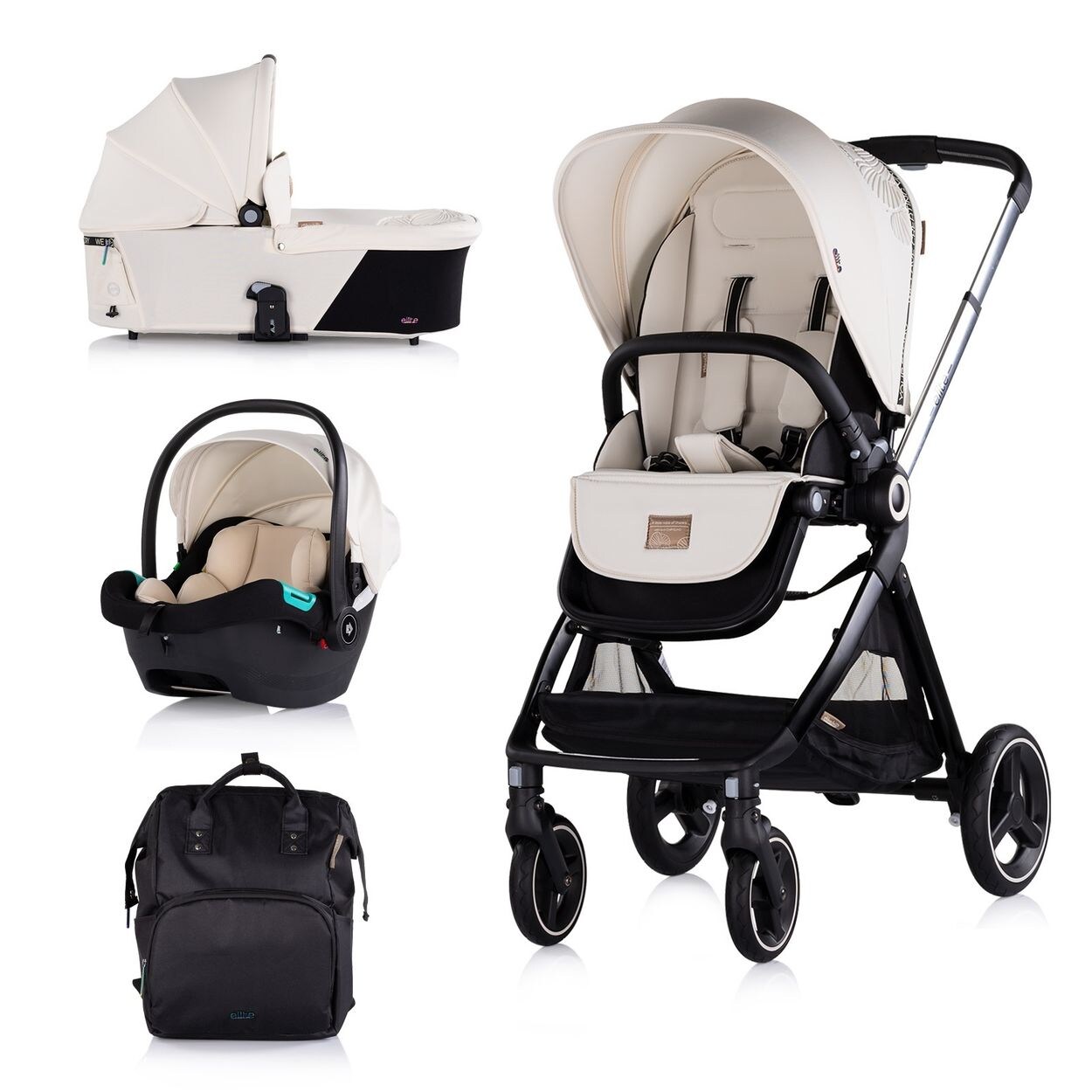 Chipolino Kinderwagen Elite 3 in 1 i-Size Babyschale Sportsitz Babywanne Tasche schwarz beige