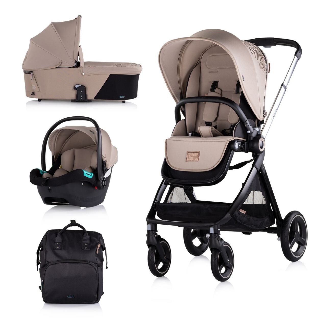 Chipolino Kinderwagen Elite 3 in 1 i-Size Babyschale Sportsitz Babywanne Tasche braun