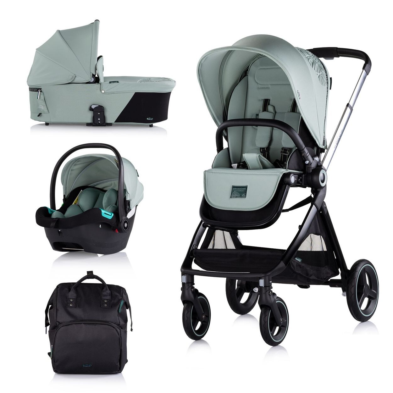 Chipolino Kinderwagen Elite 3 in 1 i-Size Babyschale Sportsitz Babywanne Tasche hellgrün