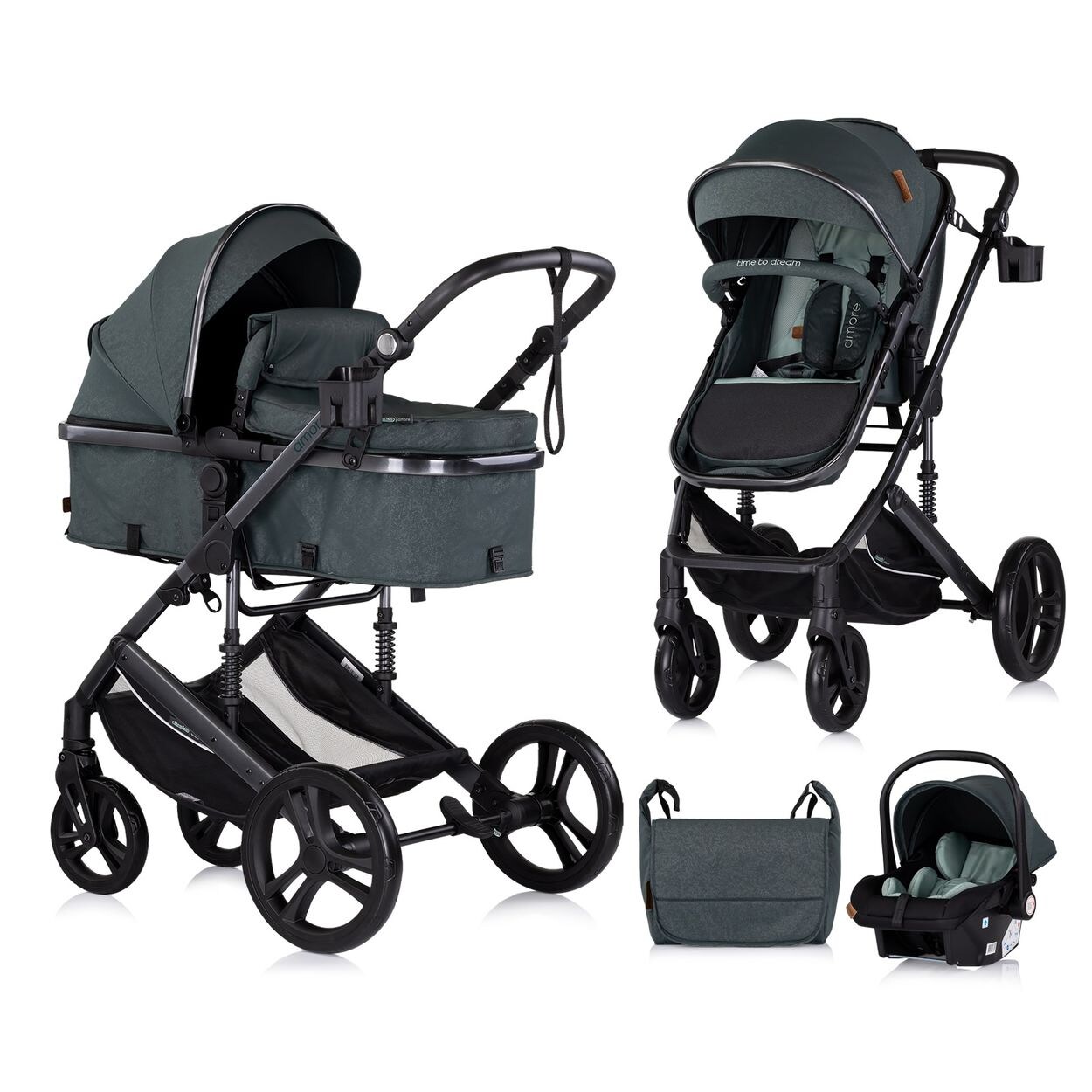 Chipolino Kinderwagen 3 in 1 Amore Babyschale Adapter Wickeltasche Fußabdeckung tuerkis | 04260636042713