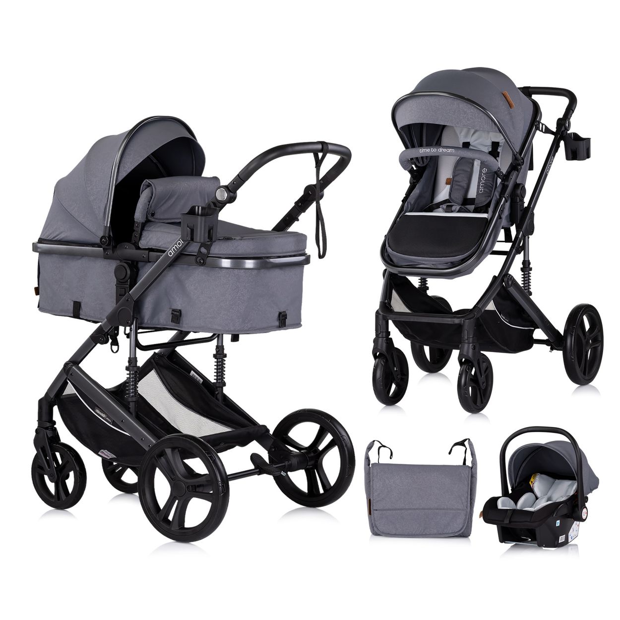 Chipolino Kinderwagen 3 in 1 Amore Babyschale Adapter Wickeltasche Fu&szlig;abdeckung grau gemustert - Bild 1