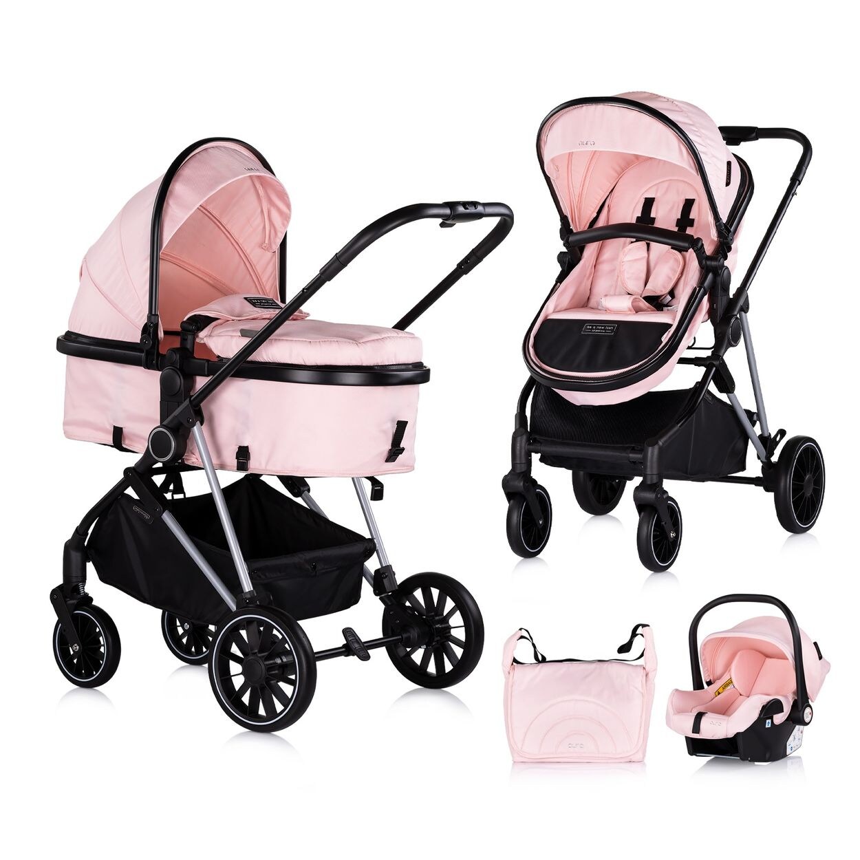 Chipolino Kinderwagen Aura 3 in 1, Autositz, Babywanne, Wickeltasche, bis 22 kg pink | 04260636042829