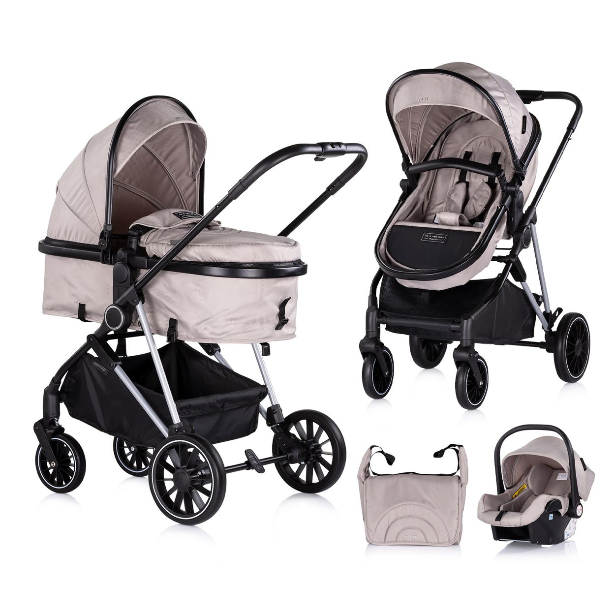Chipolino Kinderwagen Aura 3 in 1, Autositz, Babywanne, Wickeltasche, bis 22 kg hellbraun - Bild 1