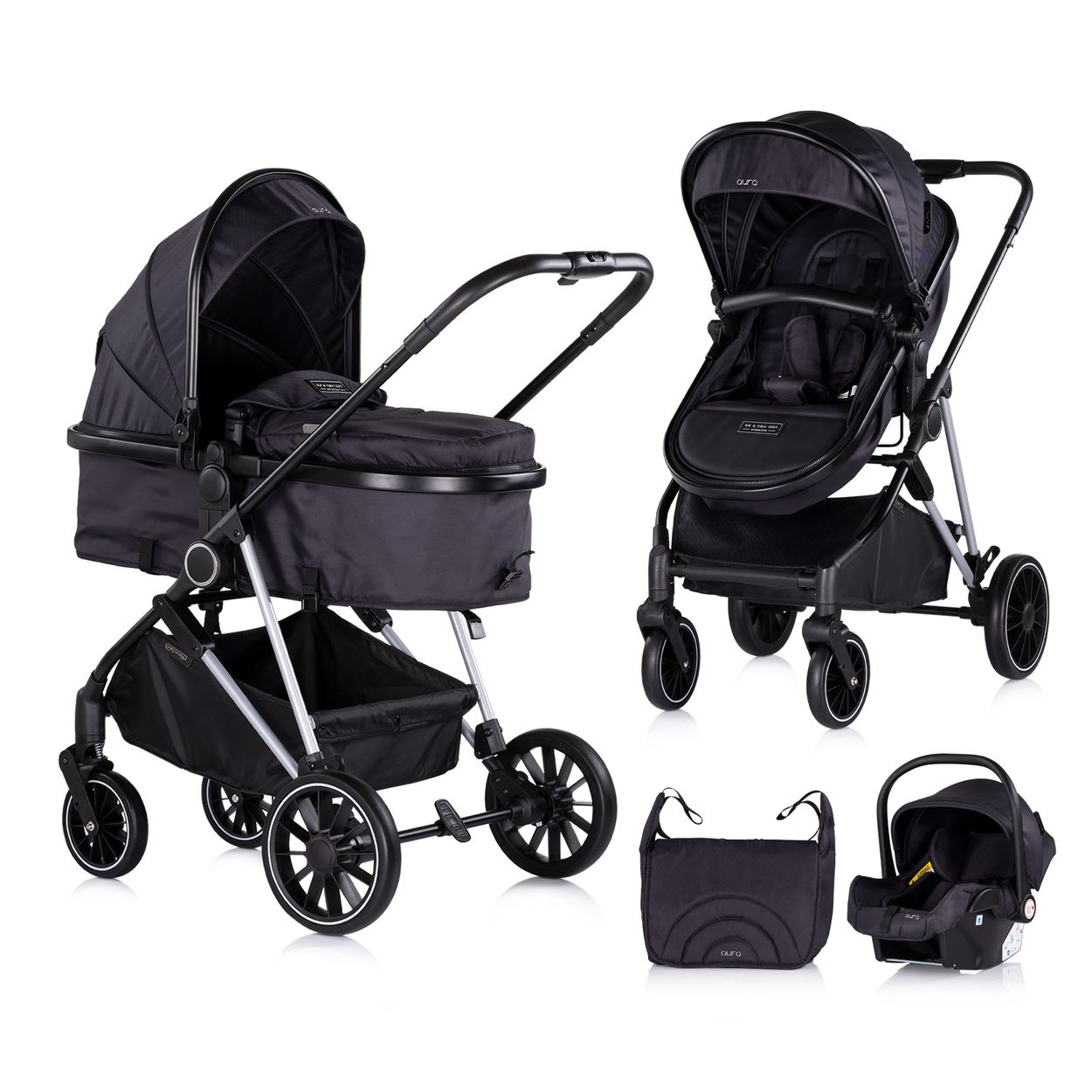 Chipolino Kinderwagen Aura 3 in 1, Autositz, Babywanne, Wickeltasche, bis 22 kg schwarz gemustert - Bild 1