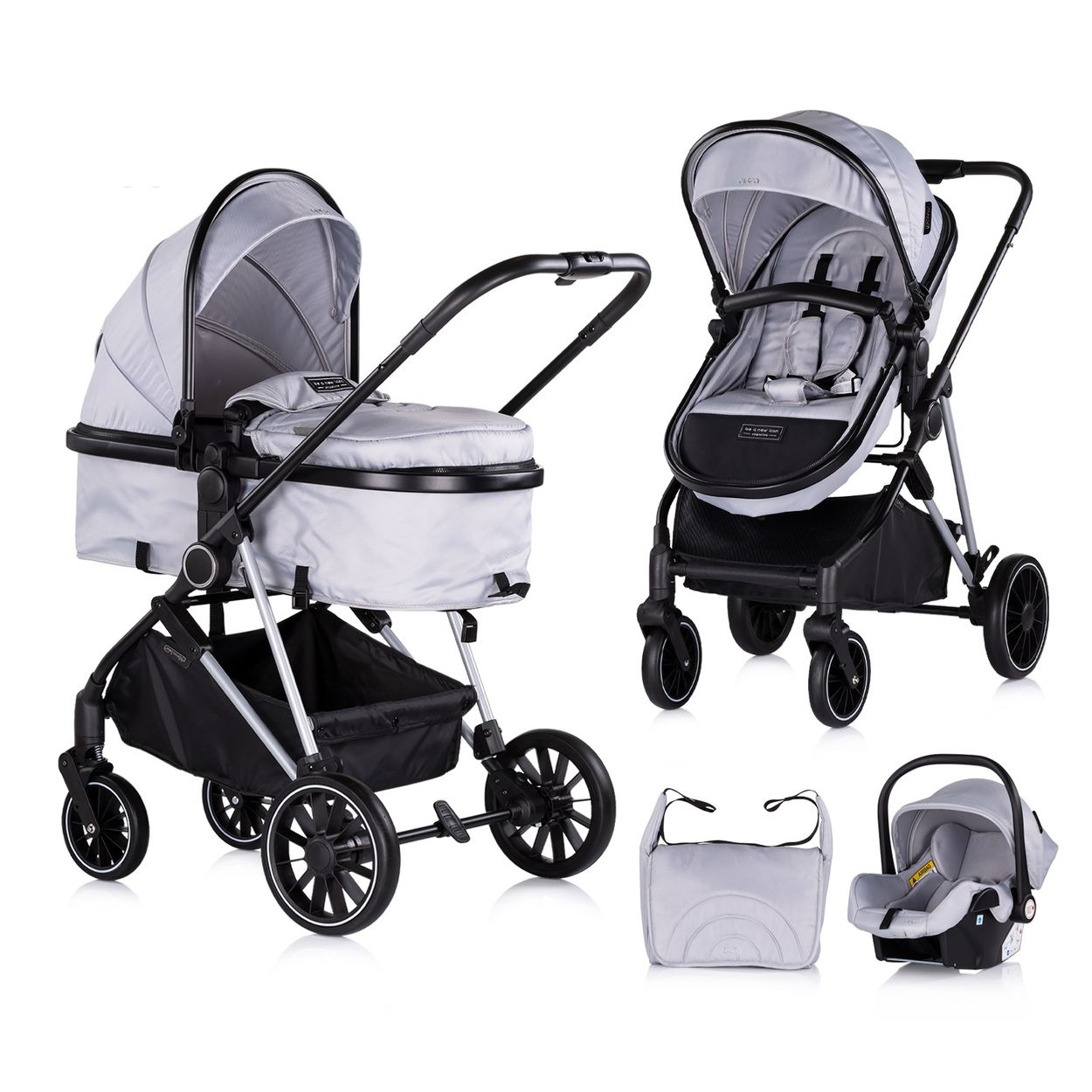Chipolino Kinderwagen Aura 3 in 1, Autositz, Babywanne, Wickeltasche, bis 22 kg grau gemustert - Bild 1