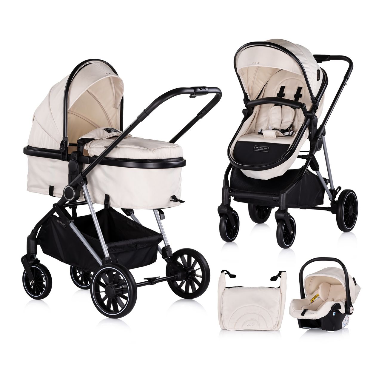 Chipolino Kinderwagen Aura 3 in 1, Autositz, Babywanne, Wickeltasche, bis 22 kg creme - Bild 1